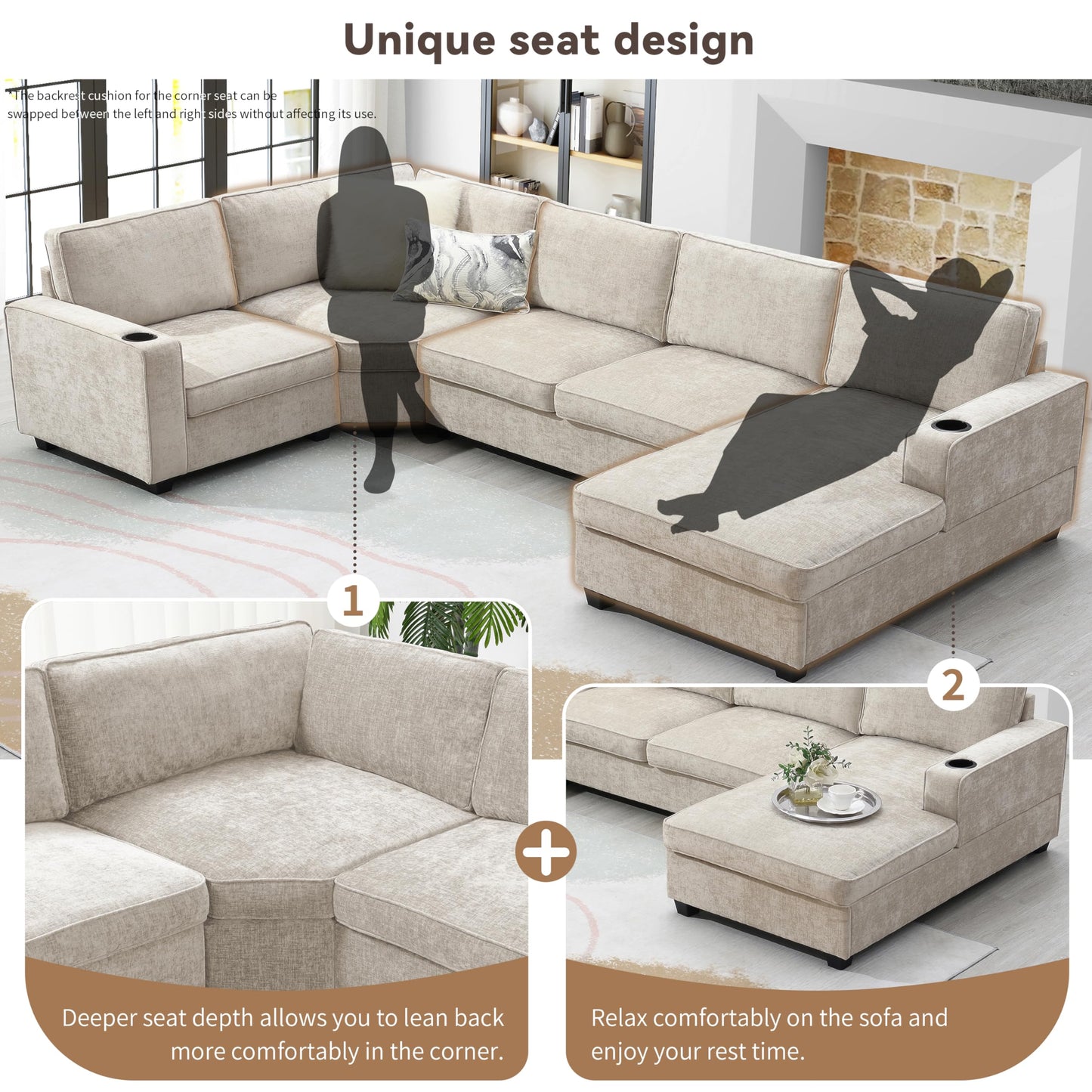 Merax Modern Oversized U-Shaped Sectional Sofa with Cup Holders & Chaise Lounge, Chenille 6-Seat Couch Set Sleeper Bed with Deep Seat Beige