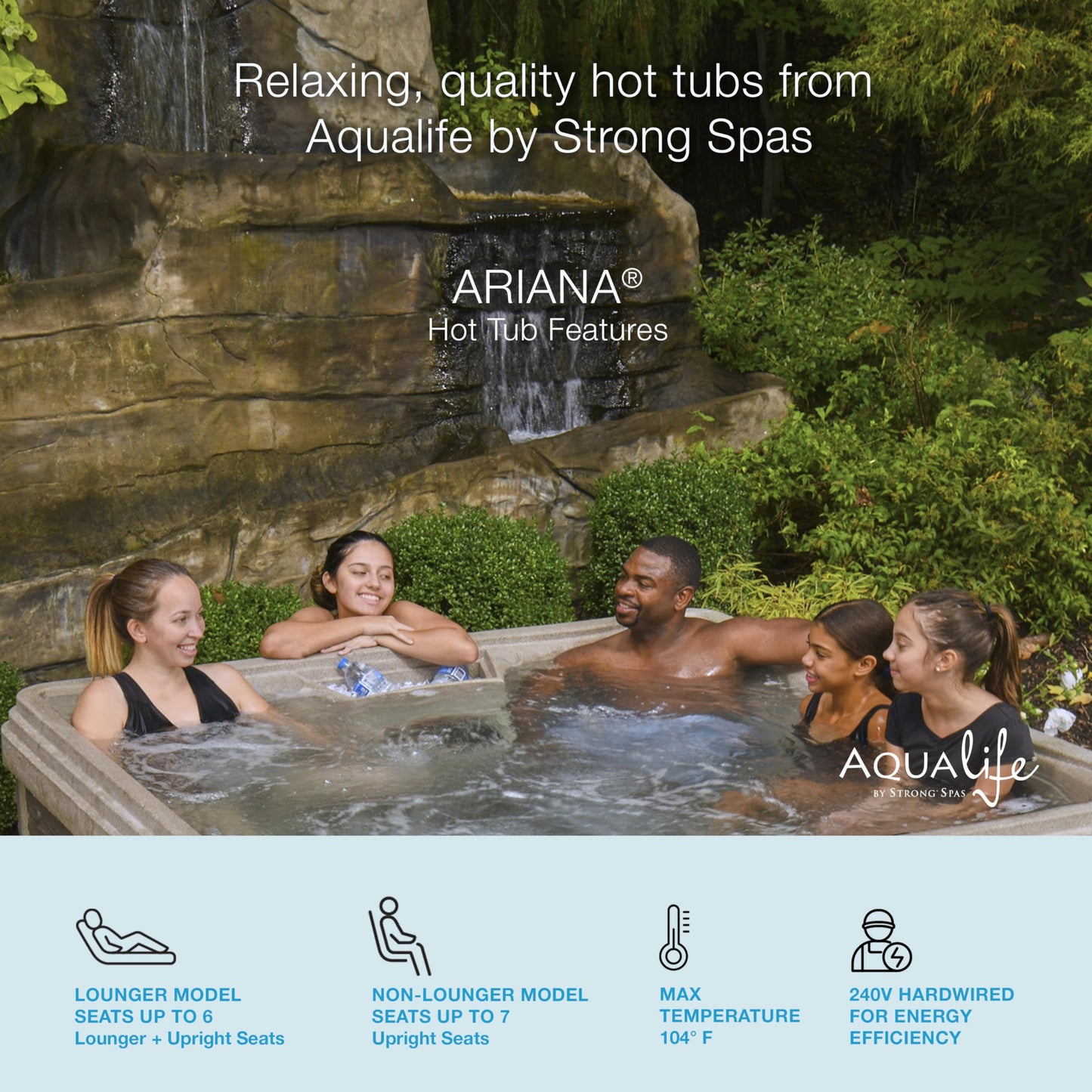 AquaLife Ariana™ 7-Person 30-Jet Non-Lounger Hot Tub with LED Lighting, Insulated Cover, Built-in Ice Bucket, Stainless Steel Heater and Ozonator