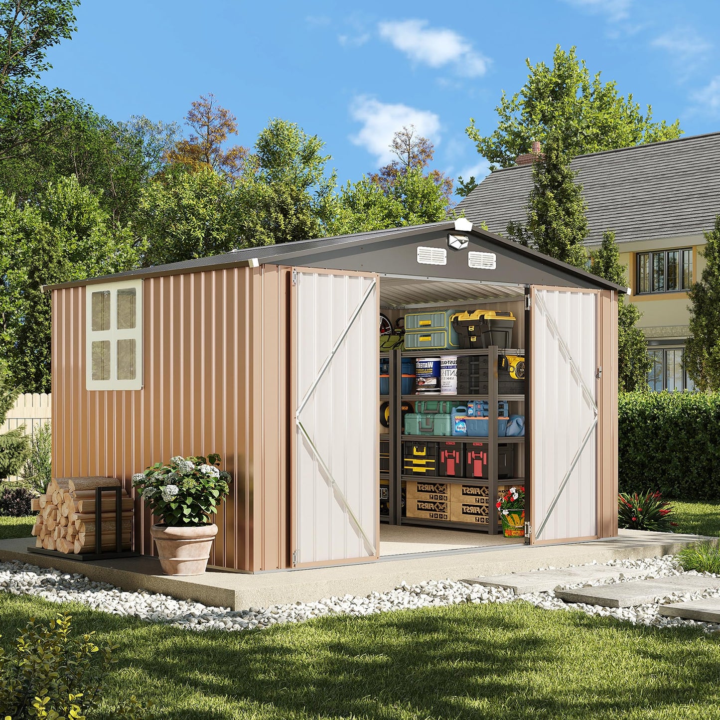 OneBlis 10x8FT Outdoor Storage Shed, Tool Shed with Sloping Roof and Lockable Door, Galvanized Metal Shed for Backyard Garden Patio Lawn, Brown