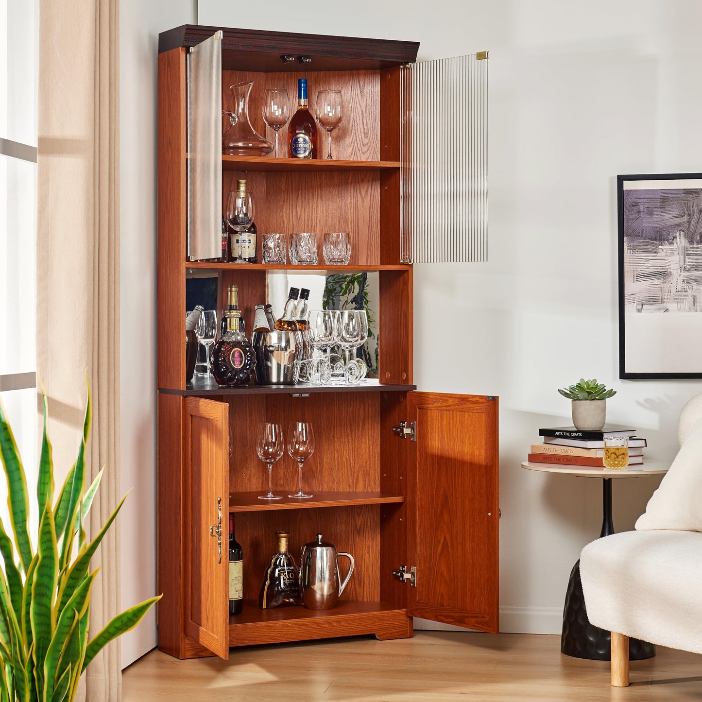 GDFStudio 70.89" Tall Corner Storage Cabinet with Doors, 5-Tier Wine Rack Display Cabinet with Mirrored Back Adjustable Shelves, Wood Coffee Bar Cabinet for Living Room Kitchen Dining Room, Dark Oak