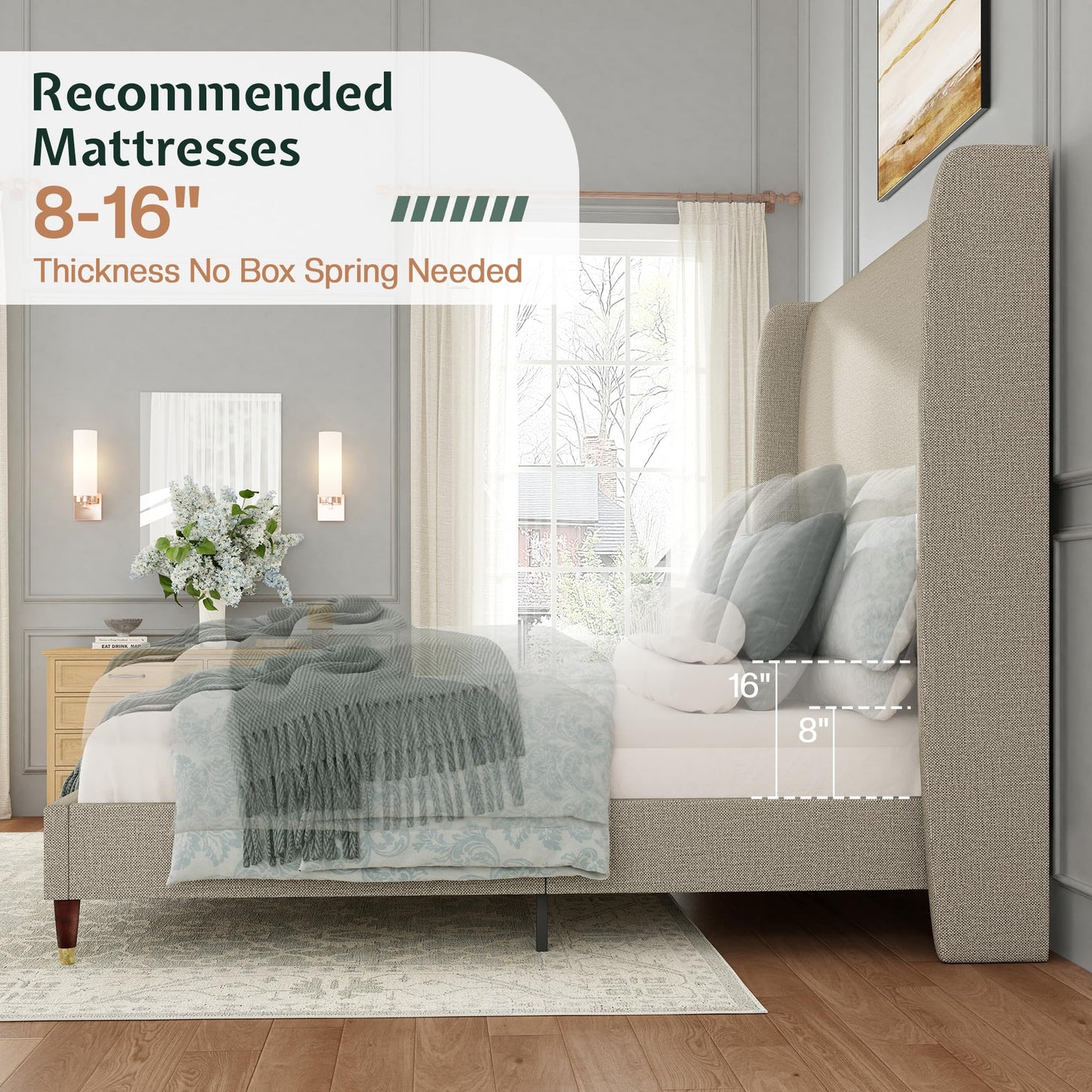 Jocisland Queen Size Bed Frame 51.2" Wingback Headboard Linen Upholstered Platform Bed,Solid Wood Legs & Wooden Slats,No Box Spring Needed,Noise-Free,for Family Guest Room Cozy Home,Brown