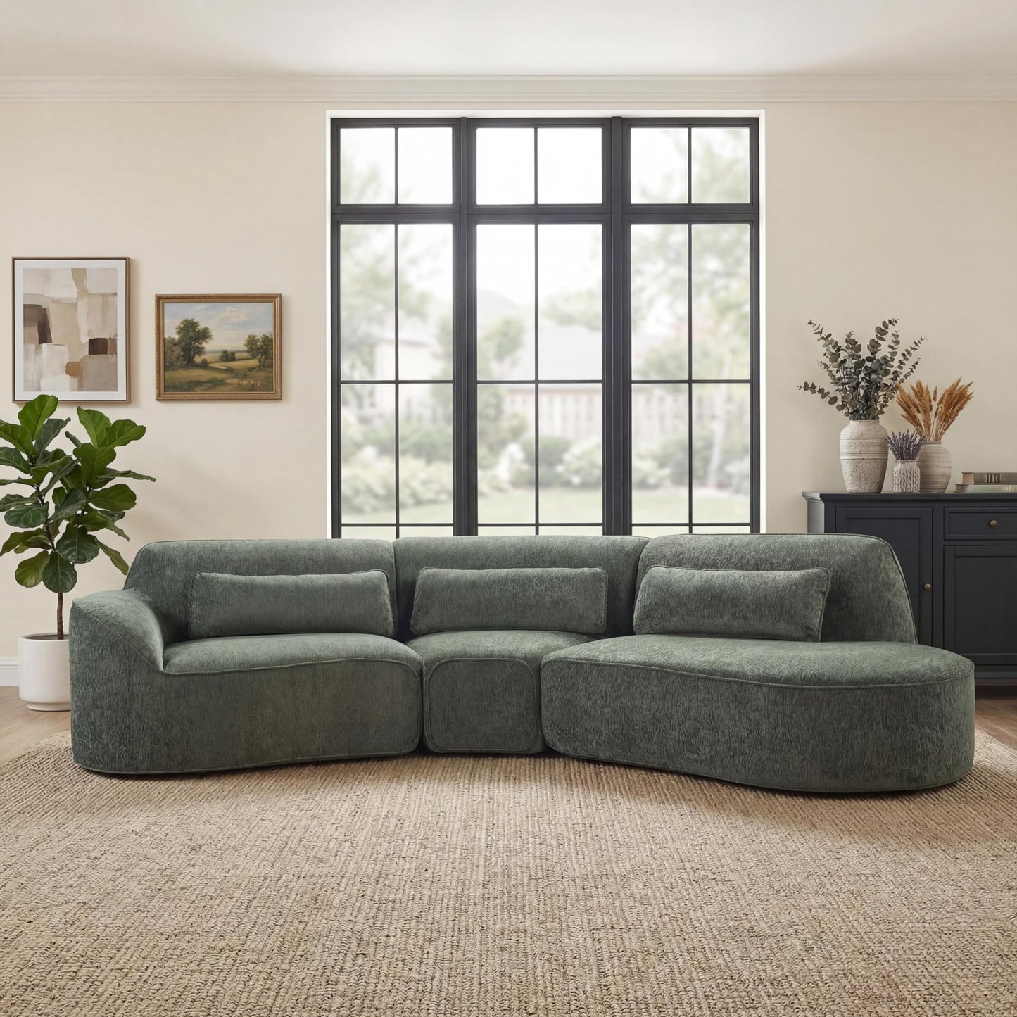 Merax 123.23" Curved Polyester Sectional Sofa Set, Modern Cloud Couch with Chaise Lounge & 3 Pillows & Right Hand Facing, High-Density Fully Compressed Sponge, Fully Assembled for Living Room, Green