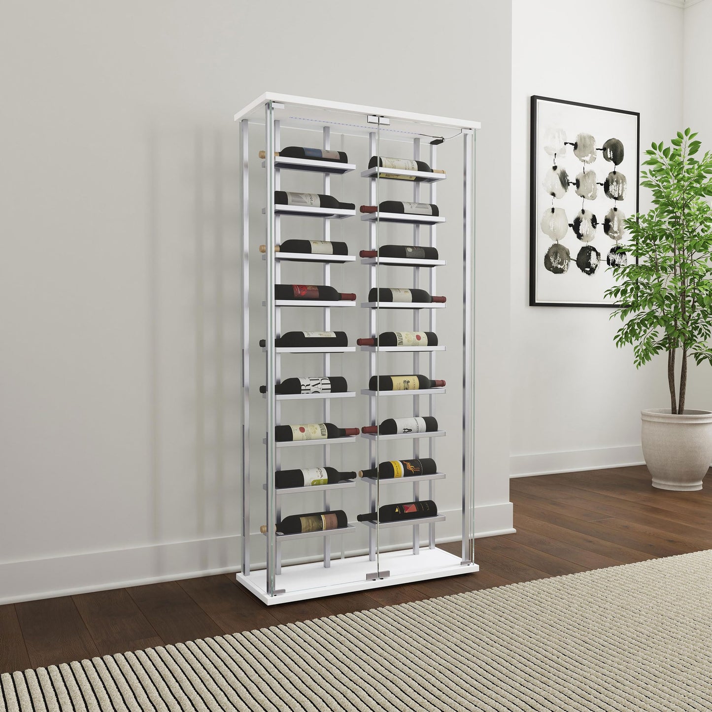Coaster Home Furnishings Montara LED Tempered Glass Wine Storage Curio Cabinet, Modern Curio Bar Cabinet with Glass Doors and LED Strips, Chrome