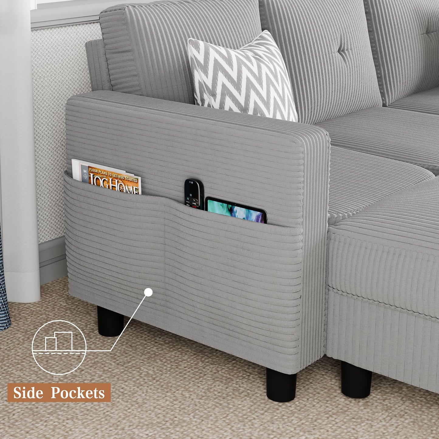 Shintenchi 76" Modern Upholstered Sectional Sofa, L-Shaped Couch with Storage Ottoman and Reversible Chaise for Living Room, Off-Grey Corduroy Fabric