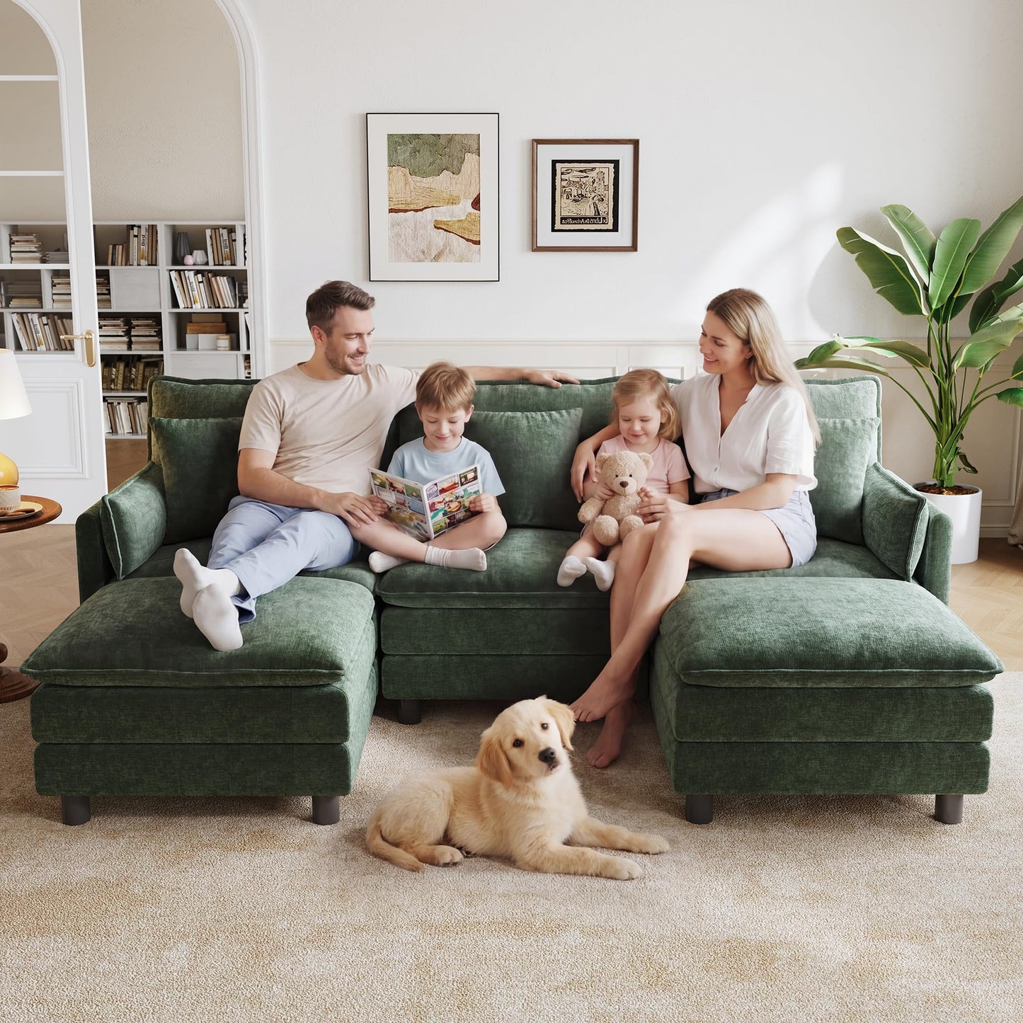 LINSY HOME 98'' Modular Sectional Sofa 3 Seat Couch Chenille Cloud Couch with Deep Seat, U Shaped Couch with 2 Movable Ottoman for Living Room, Office, Bedroom, Green(Pillows Included)