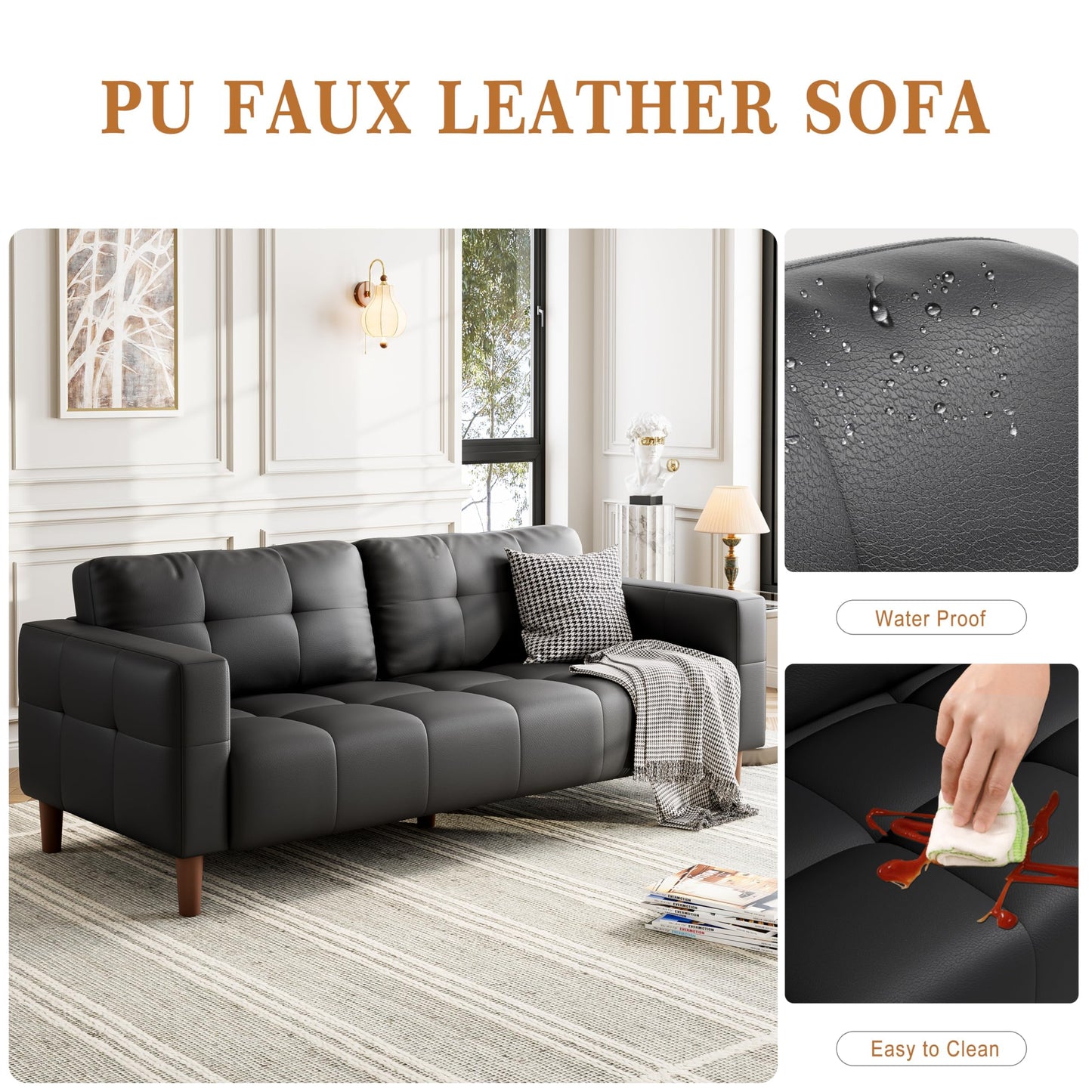 IDEALHOUSE 83” Black Faux Leather Couch, 3 Seater Sofa Couches with 2 Removable Back Cushions for Living Room, Large Mid Century Modern Office Apartment Couch (Black)