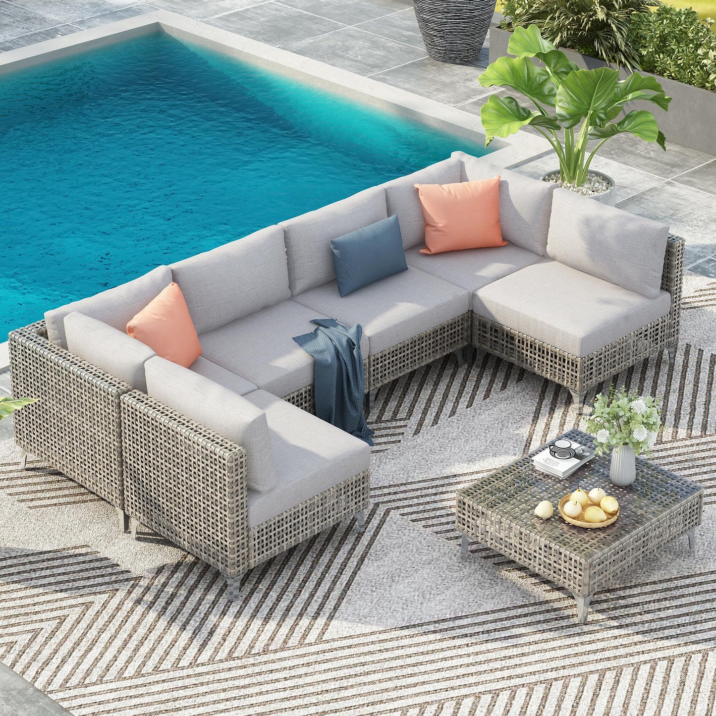 Merax 7 Piece Outdoor Patio Furniture Sets - 8-Seat PE Wicker Sectional Sofa w/Rattan Chaise Lounge & Thick Cushions, 29" Coffee Table w/Glass Top for Garden, Couch, Porch, Backyard Gray