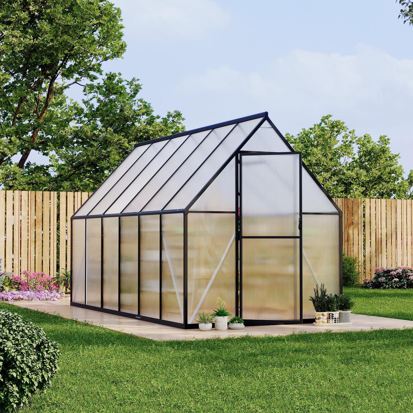 CABIHOME 8x12 FT Outdoor Greenhouse, Polycarbonate Greenhouse with Roof Vent and Ground Nails, Aluminum Large Walk-in Green House w/ Lockable Push Door for Outdoor Garden (Black, 6x11 FT)