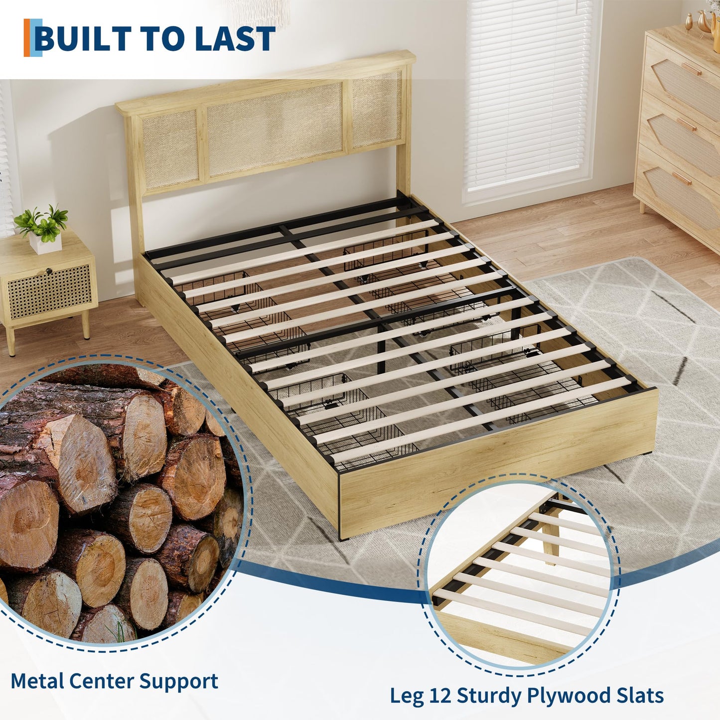 GarveeLife Full Size Boho Rattan Platform Bed Frame, Premium Cane Weave Headboard Design, Reinforced Metal Foundation Support, Space Saving Pull Out Drawers for Storage, Modern Bedroom Furniture Set