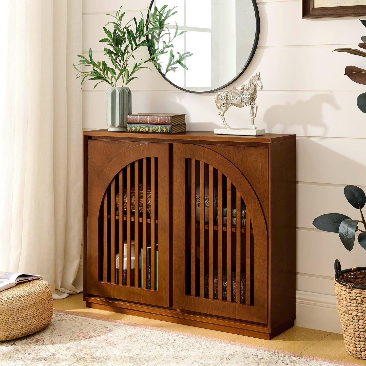 KEIKI 39" Mid Century Modern Fluted Sideboard Cabinet with Storage & Outlet Holes, Narrow Buffet Cabinet, Solid Wood + MDF, for Living Room, Entryway, Hallway, Kitchen, Coffee Bar, Brown