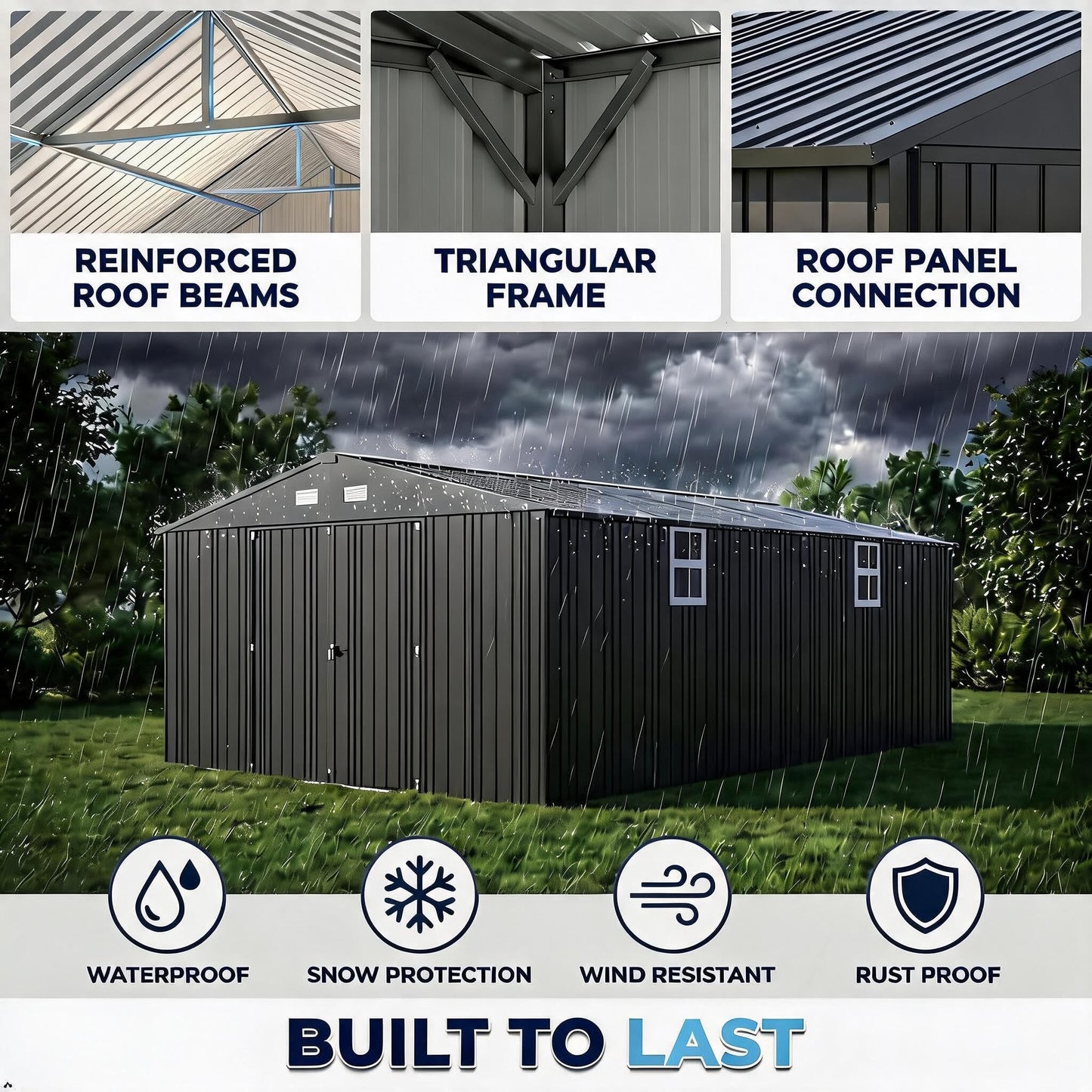 12x20 FT Metal Garage Shed, Outdoor Extra Large Storage Shed with Double Hinged Doors, 4 Windows, Heavy Duty Carport for Cars, Boats, Trucks and Equipment Storage, Black-Blue