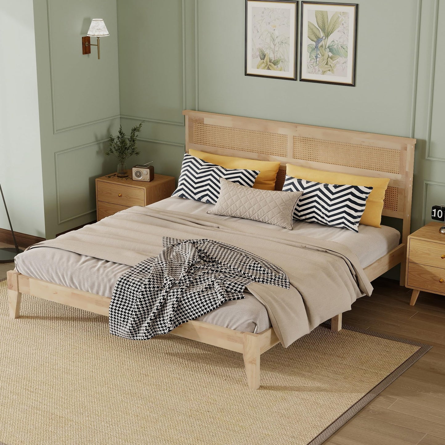 KEIKI King Size Solid Wood Bed Frame with Interwoven Rattan Headboard, Rubber Wood Platform Bed with Underbed Storage Space, Heavy Duty Support Legs, Noise Free Foundation, Natural
