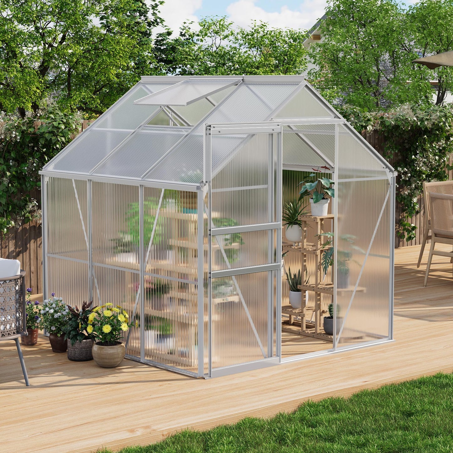 6 x 6 ft Polycarbonate Green Houses with Aluminum Frame for Outside - Heavy Duty Walk-in Greenhouse with Sliding Door and Adjustable Roof Vent for Backyard,Garden