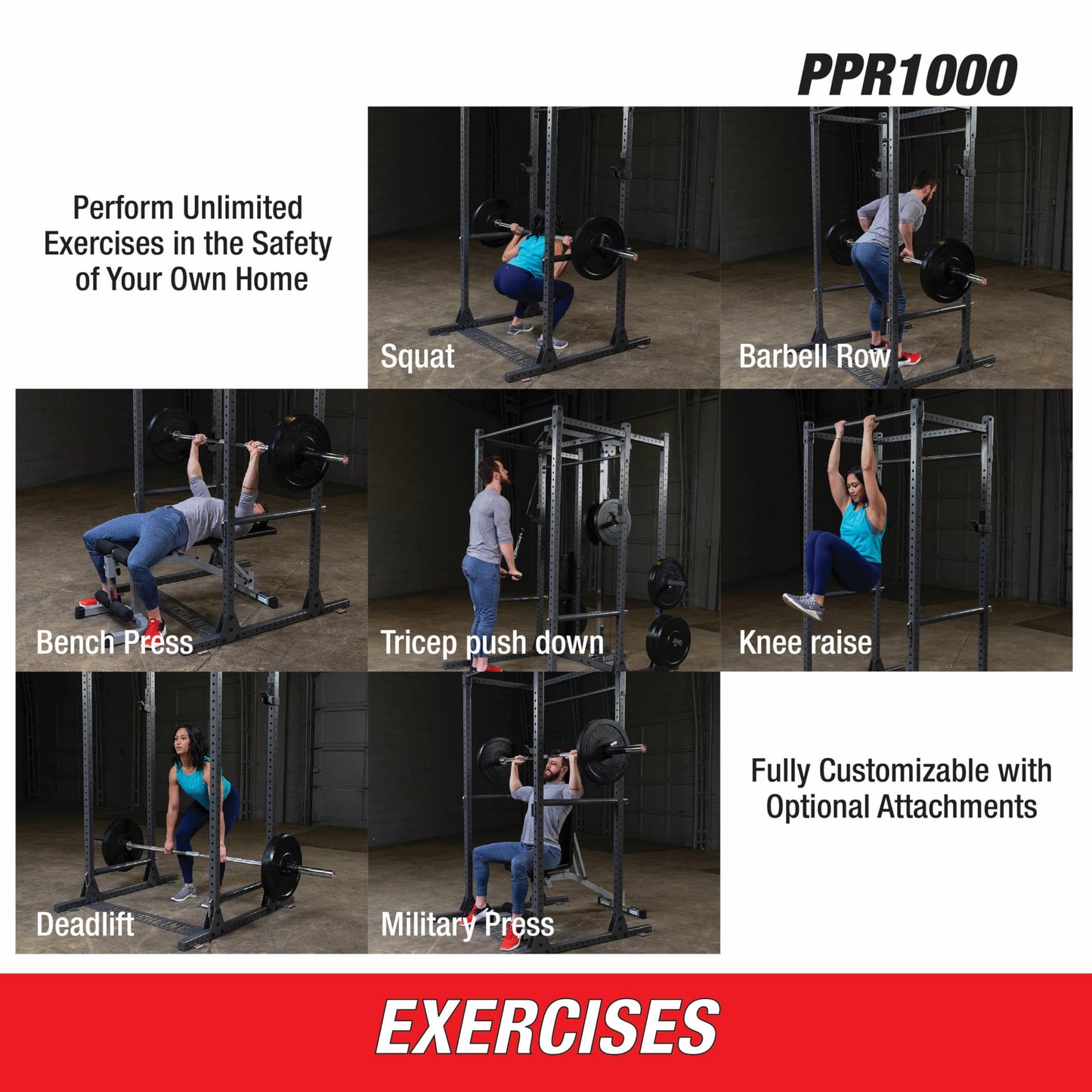 Body-Solid Powerline (PPR1000) Power Rack - Steel Frame Squat Cage with J-Cups and Safety Pipes for Home Gym Strength Training