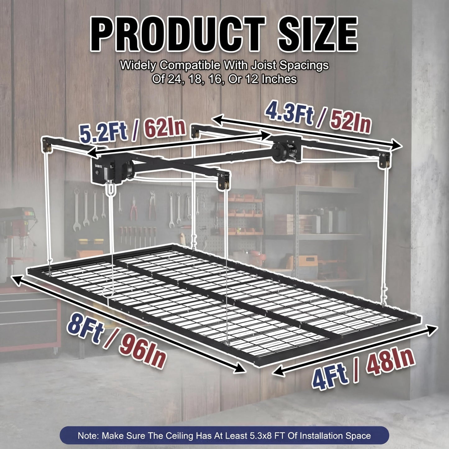 GarveeTech 4x8 ft Overhead Garage Storage Rack 800 Lbs Weight Capacity, Adjustable Heavy Duty Hanging Garage Ceiling Storage Rack System