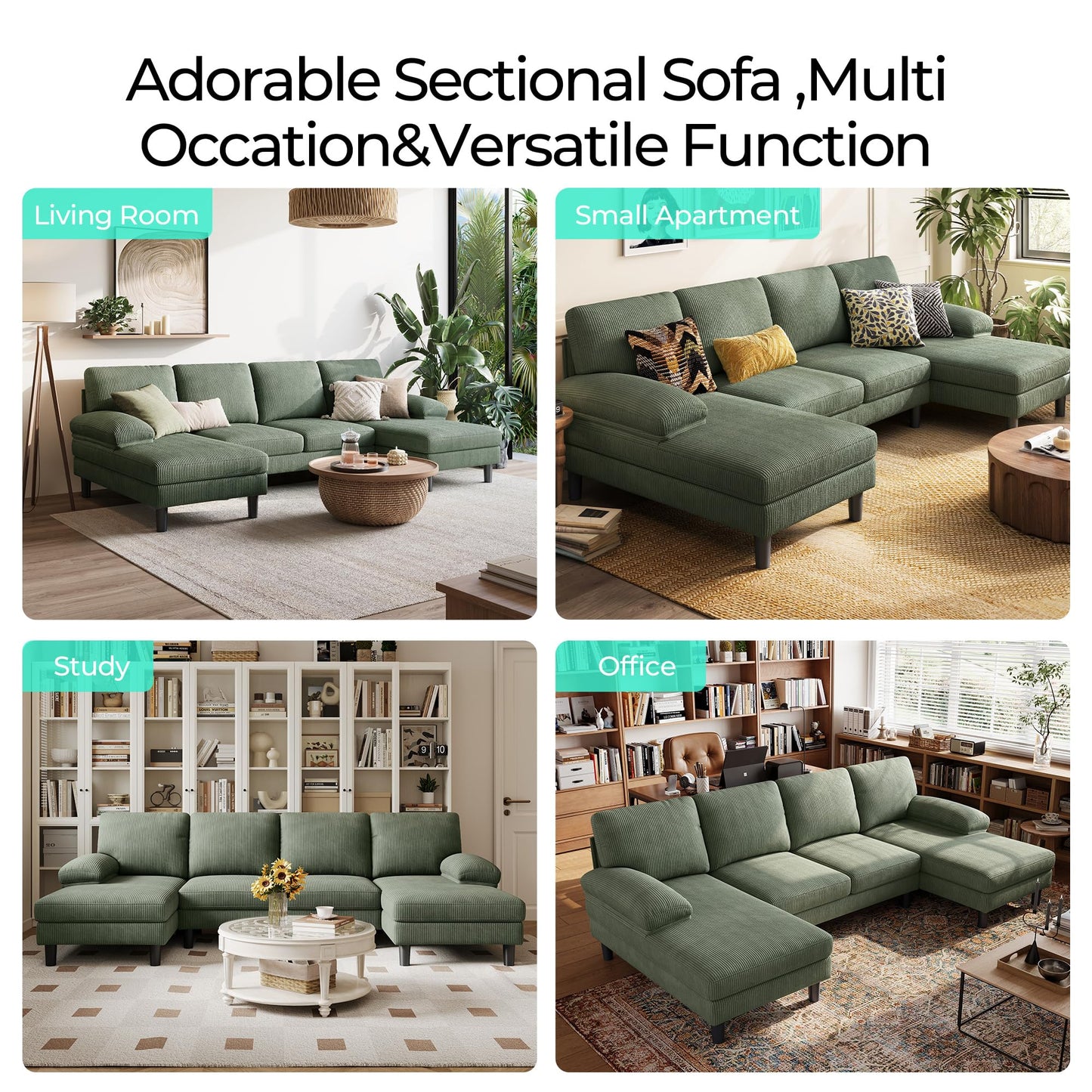 LINSY HOME Sectional Couch, 105'' W Corduroy U Shaped Sofa with Sleepable Armrests, 4 Seat Couch with Double Chaises, Deep Sofa for Living Room, Green