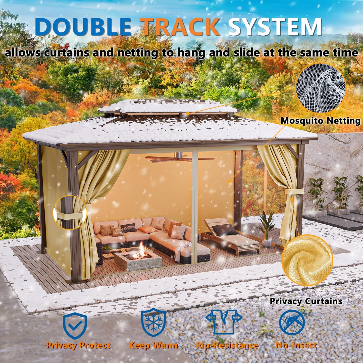 HOTEEL 10x15 Hardtop Gazebo On Clearance with Heavy Duty Galvanized Steel Metal Roof, Patio Hard Top Gazebo with Curtains & Netting,Outdoor Permanent Hot tub Gazebo Pavillon for Backyard,Deck,Brown
