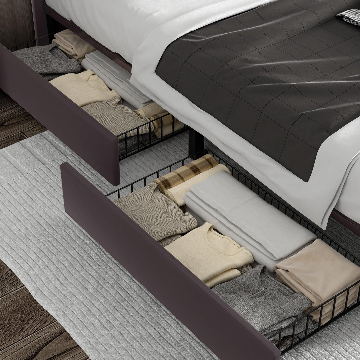 VECELO Queen Velvet Upholstered Platform Bed Frame with 4 Rollers Storage Drawers,Queen Size Bed with Tufted Height Adjustable Headboard,Wooden Slats/No Box Spring Needed/Easy Assembly