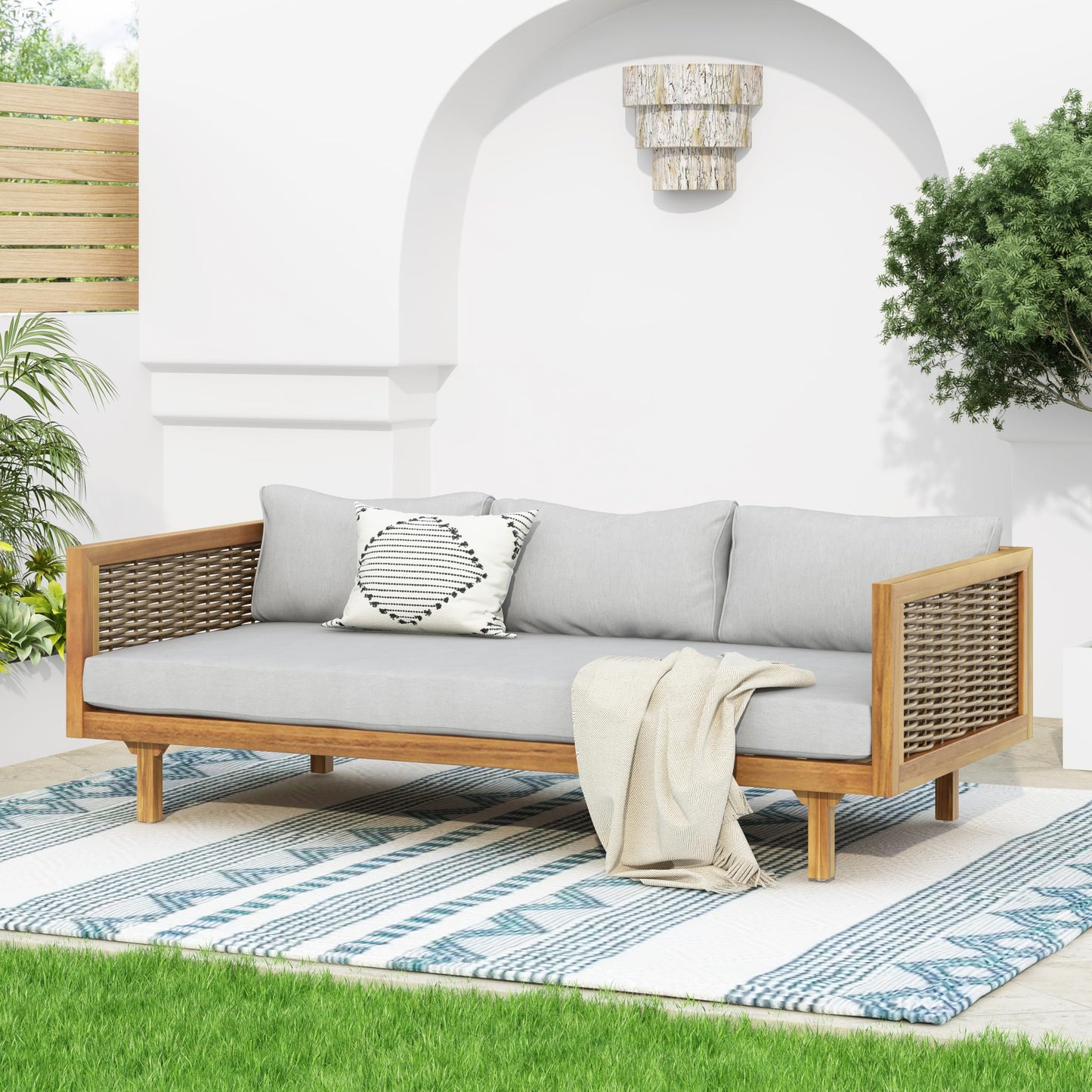 Christopher Knight Home Claremont Patio Sofa and Coffee Table Set, 2 Piece Wicker Patio Furniture Set, Acacia Wood 3 Seater Outdoor Sofa Daybed and Coffee Table Set, Teak+Light Grey