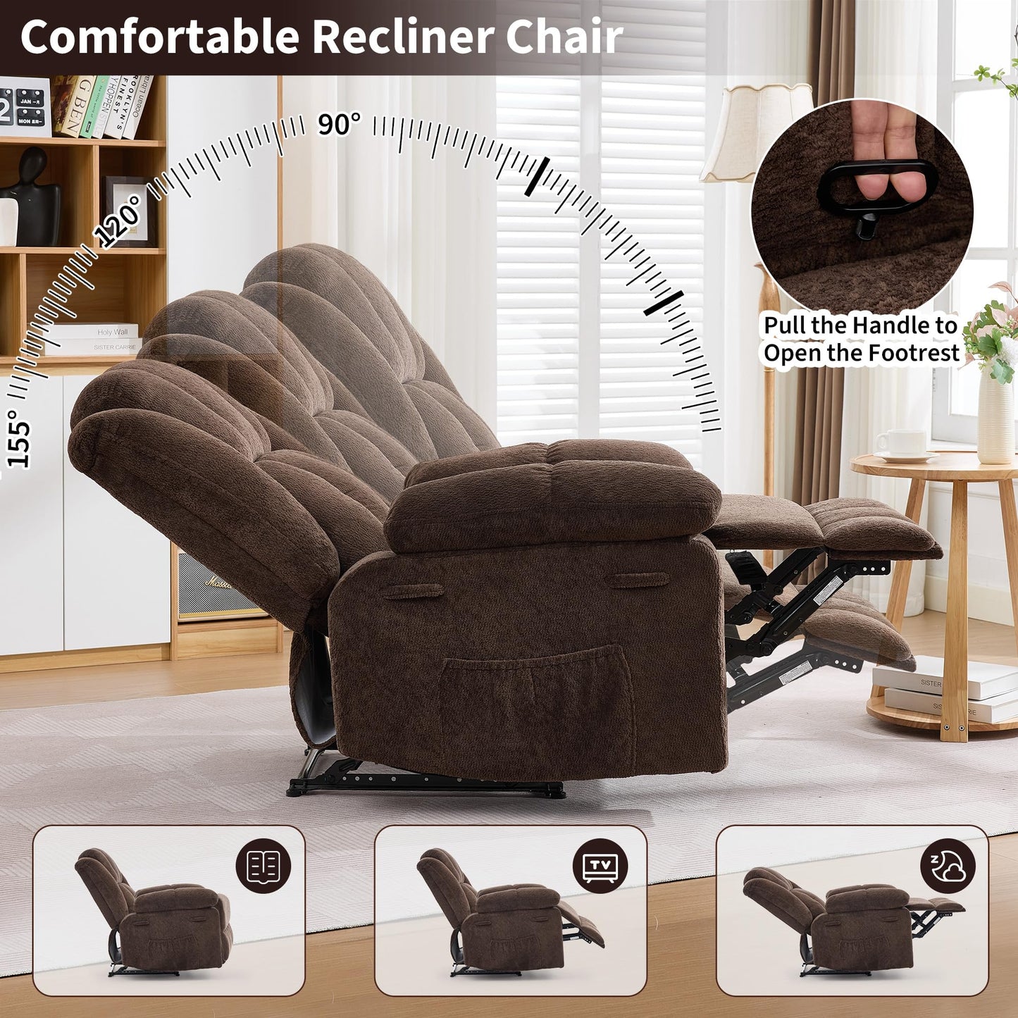Oversized Recliner Chair for Adult,150°Recliner Chairs Ergonomic Nursery Chairs, Extra Wide Manual Recliners,Fabric Upholstery Soft Sofa Chair for Livingroom,Bedroom,Brown