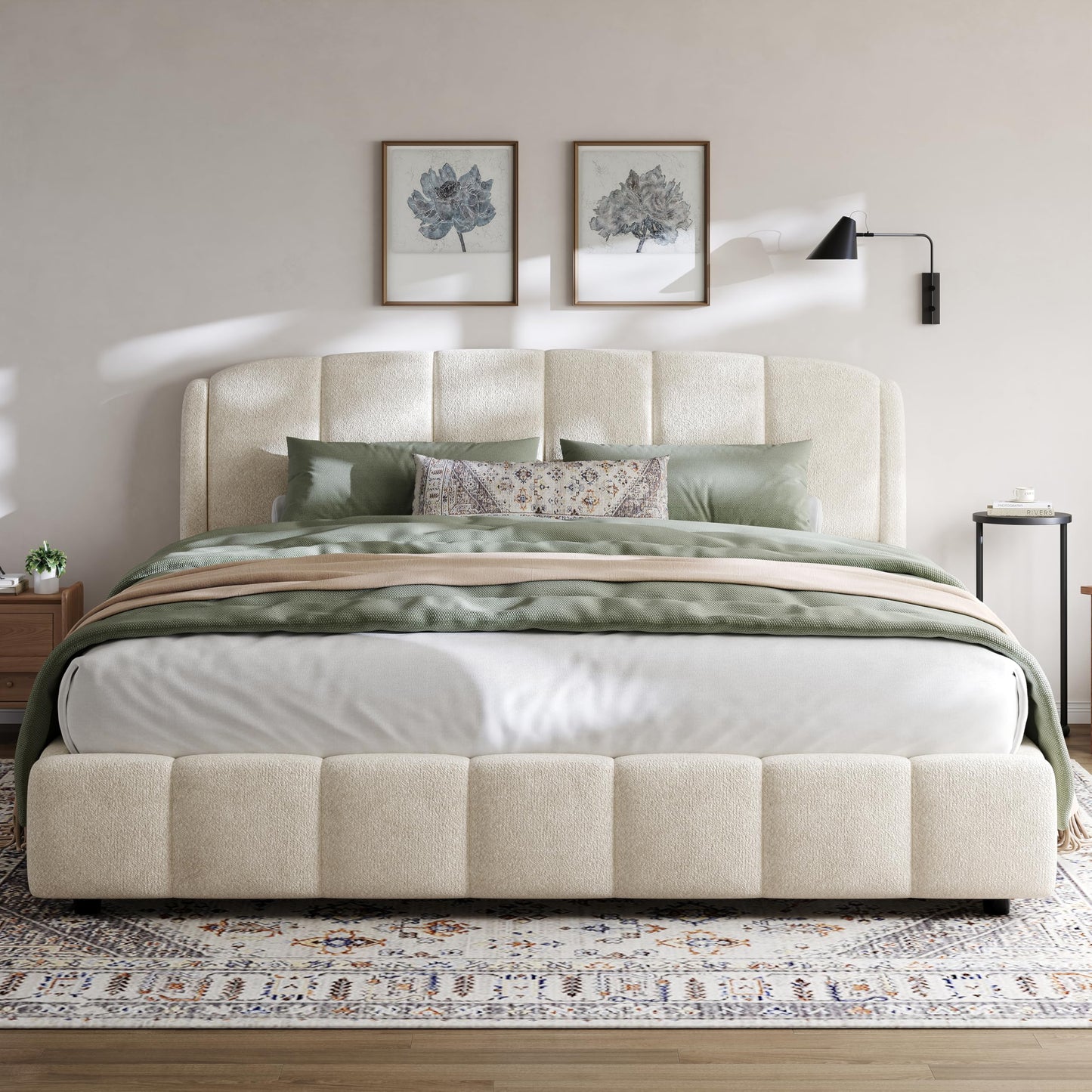 Merax King Size Boucle Upholstered Platform Bed Frame, Curve-Shaped Rounded Headboard, Box Spring Not Required, Soft Plush Fabric Bed for Master Bedroom, Guest Room, Beige