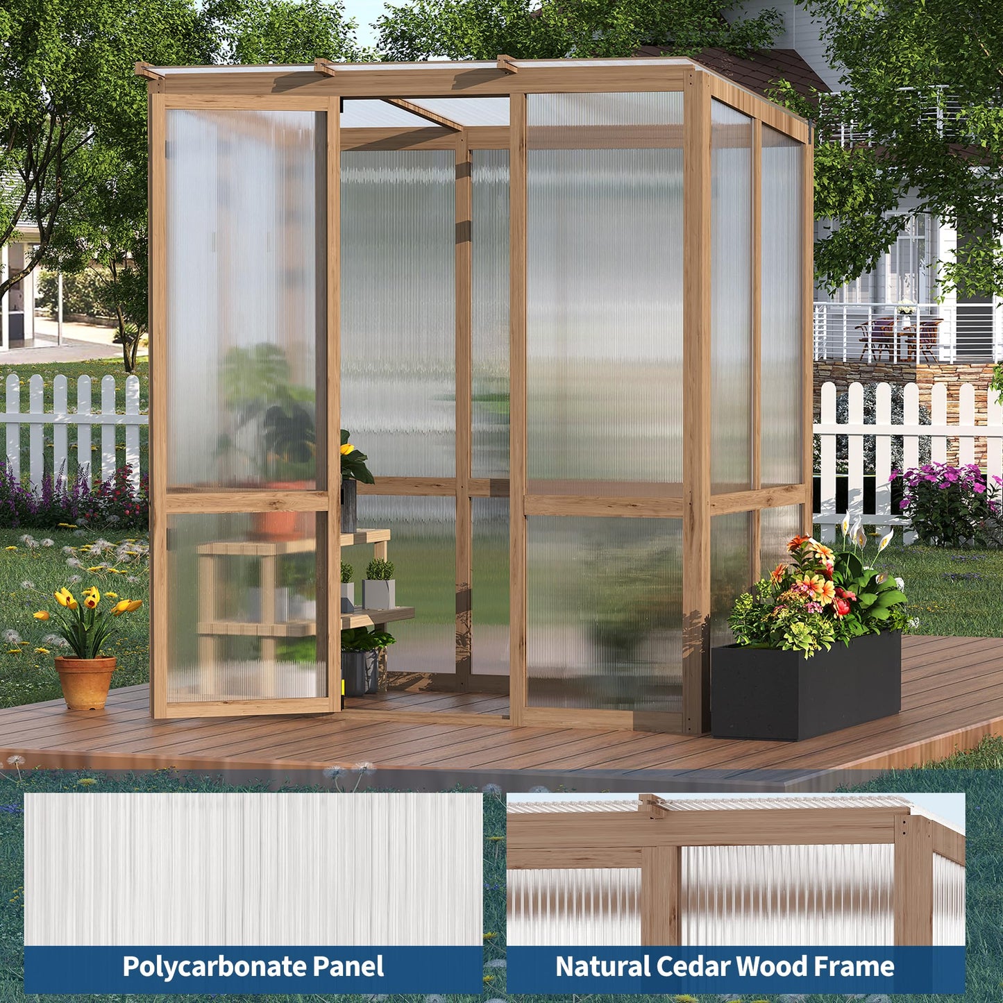 GarveeLife 4x6FT Wooden Greenhouses for Outdoors, Wooden Walk-in Green House with Cedar Frame, Greenhouse Kit with 6MM Thick Polycarbonate Panel