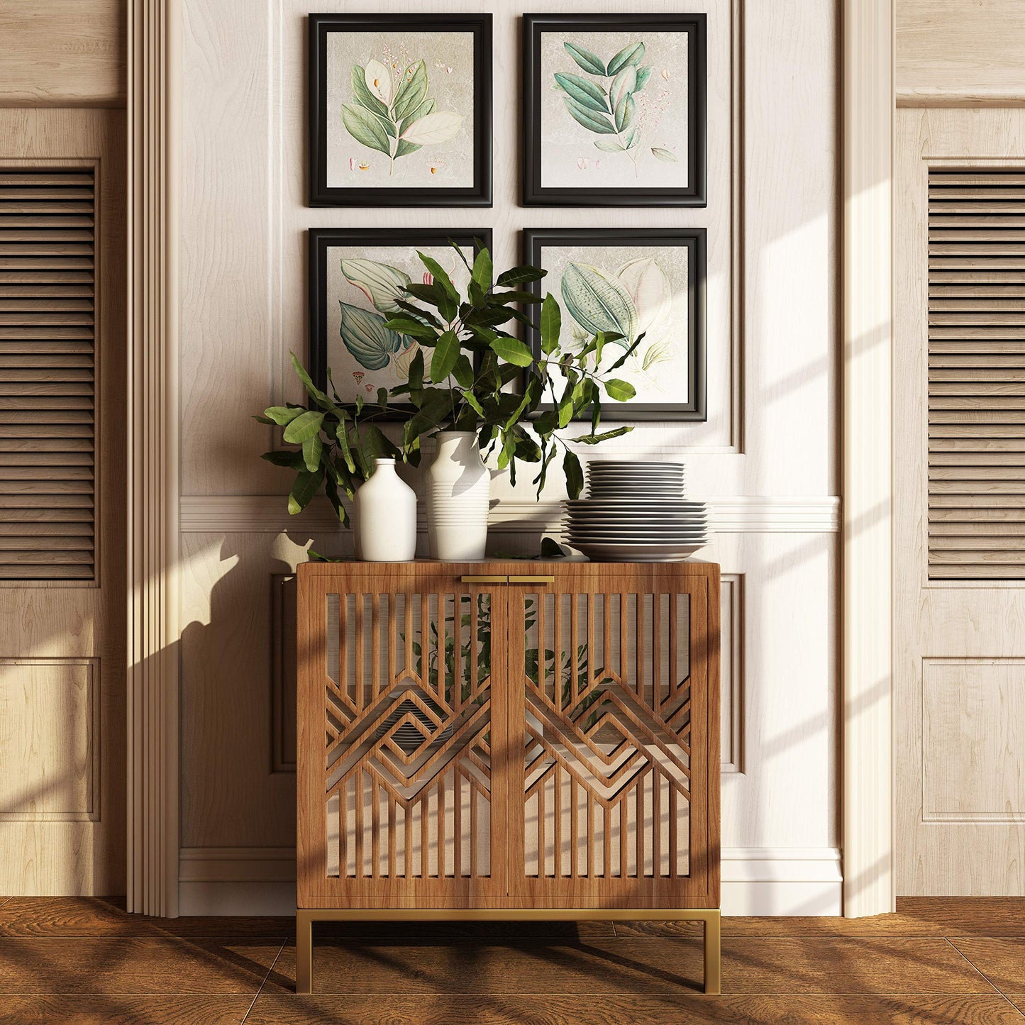 COZAYH 2 Door Accent Cabinet, Wood Sideboard Storage Furniture with Modern Geometric Mirror Front, Freestanding Home and Kitchen Cabinet, Brown/Silver