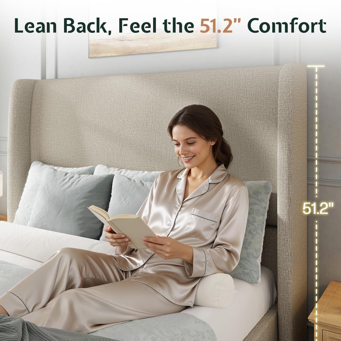 Jocisland Queen Size Bed Frame 51.2" Wingback Headboard Linen Upholstered Platform Bed,Solid Wood Legs & Wooden Slats,No Box Spring Needed,Noise-Free,for Family Guest Room Cozy Home,Brown