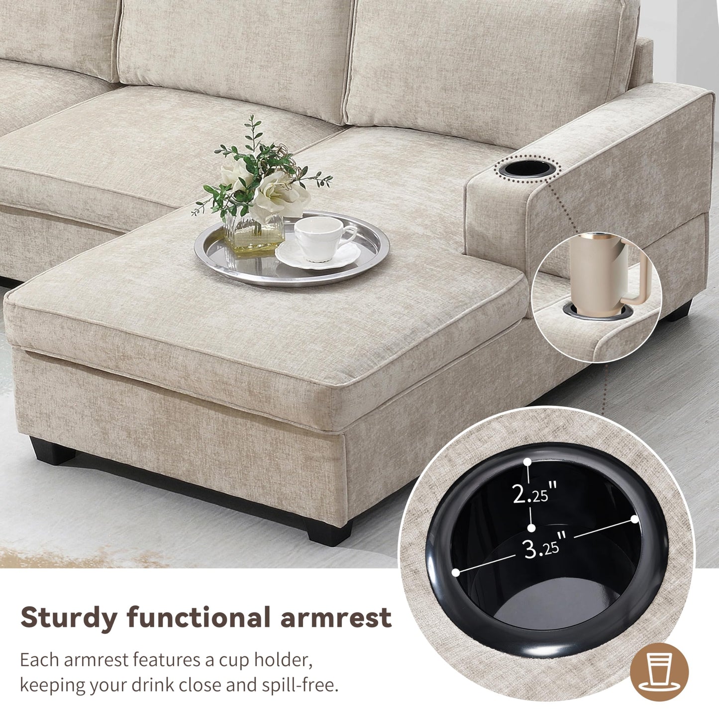ERYE 119-Inch U-Shaped Sectional Sofa Couch W/Right Facing Chaise Lounge,Comfy Chenille Upholstered Fabric Modular Sofa Couch with Cup Holders for Living Room Sets