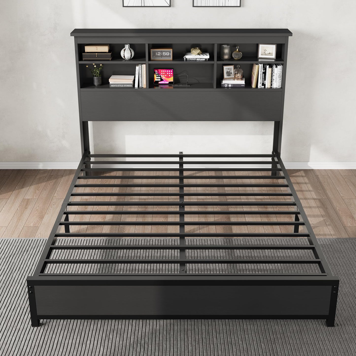 GarveeHome Queen Size Bed Frame with Bookcase Headboard, 2-Tier Storage Queen Platform Bed with Charging Station, No Box Spring Needed Easy Assemble Black Mattress Foundation for Bedroom