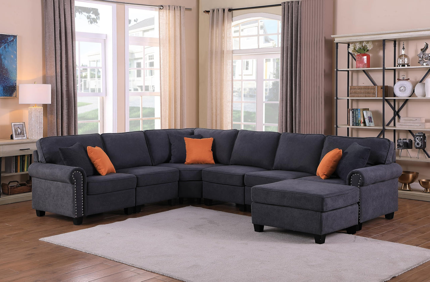 Ball & Cast 116" L-Shaped Sectional Couch with Movable Ottoman & Nailhead Trim Armrest,7 Seat Chenille Upholstered Sofa W/ 6 Throw Pillows,DIY Combination,Comfy Sectionals Set for Living Room,Gray