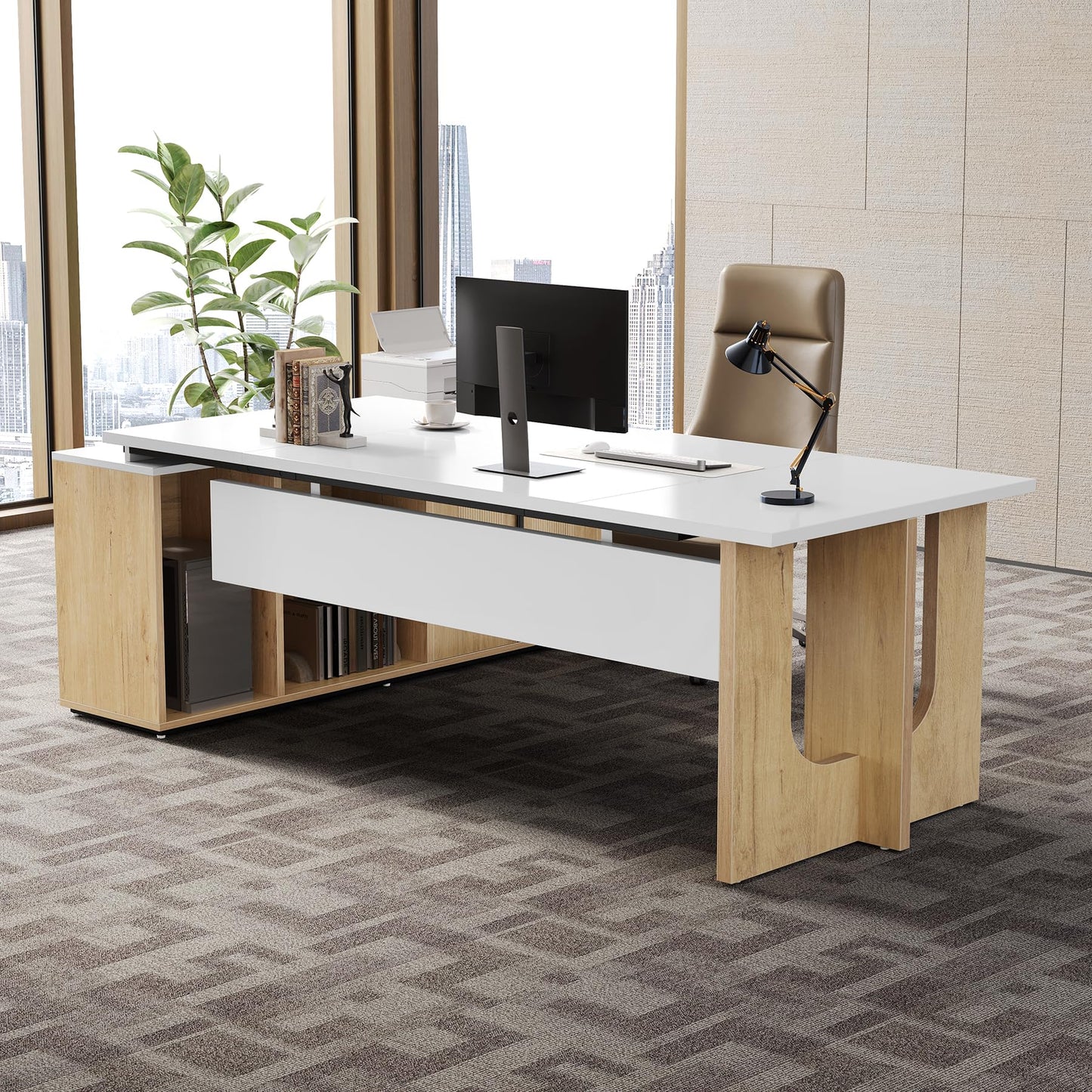 LITTLE TREE 74-Inch Executive L-Shaped Desk with Storage Cabinet & Shelves, Large Home Office Computer Desk, Modern Business Workstation for Professionals (Oak & White)