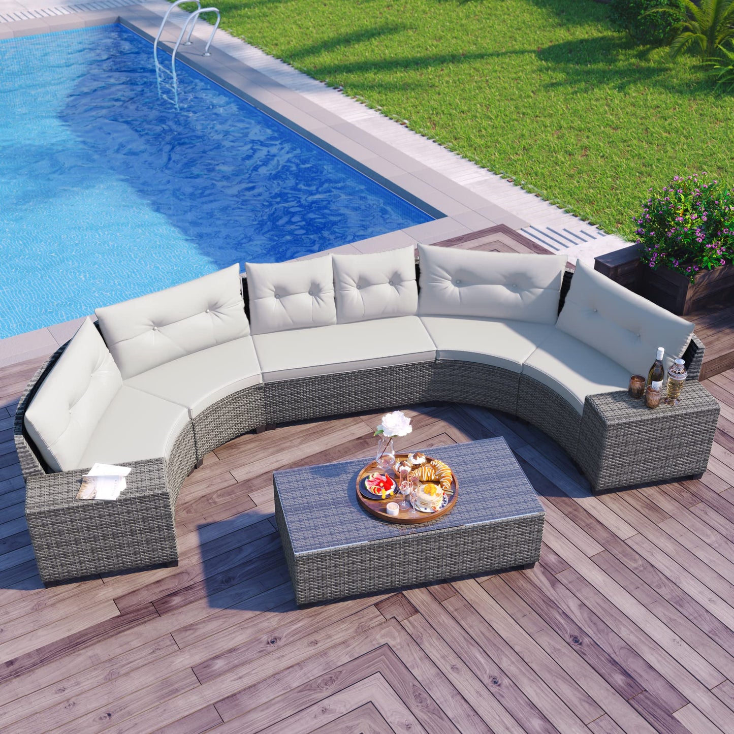 Merax 8-Pieces Outdoor Wicker Round Sectional Curved Sofa Set with Rectangular Coffee Table, PE Rattan Water-Resistant and UV Protected, Movable Cushion, Half-Moon Style, Beige