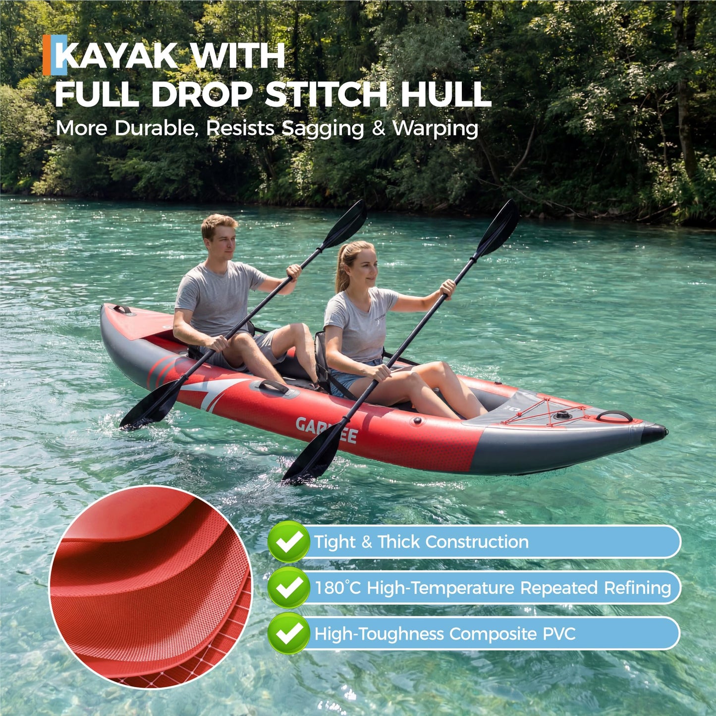 Portable Inflatable Kayak, 2 Person Tandem Recreational Kayak, Kayak Set for Adults and Kids with Paddle, Seat, Pedal, Hand Pump and Bag, Red and Grey Fishing & Touring Kayaks for Beginners