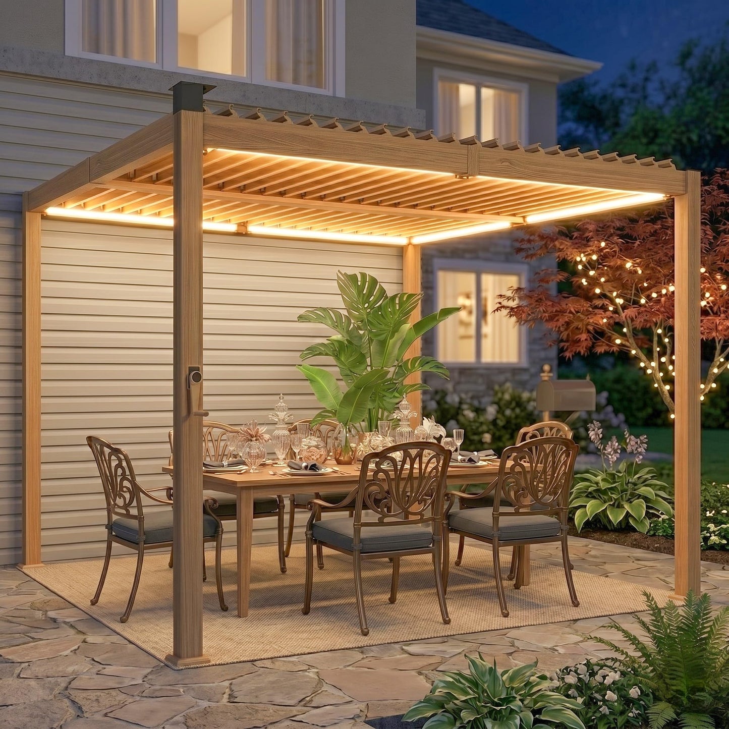 Outsunny Louvered Pergola with Solar LED Lights, 10' x 10' Outdoor Pergola Metal Patio Hardtop Gazebo with Adjustable Metal Louvered Roof, Drainage Gutters, Handle for Deck, Brown