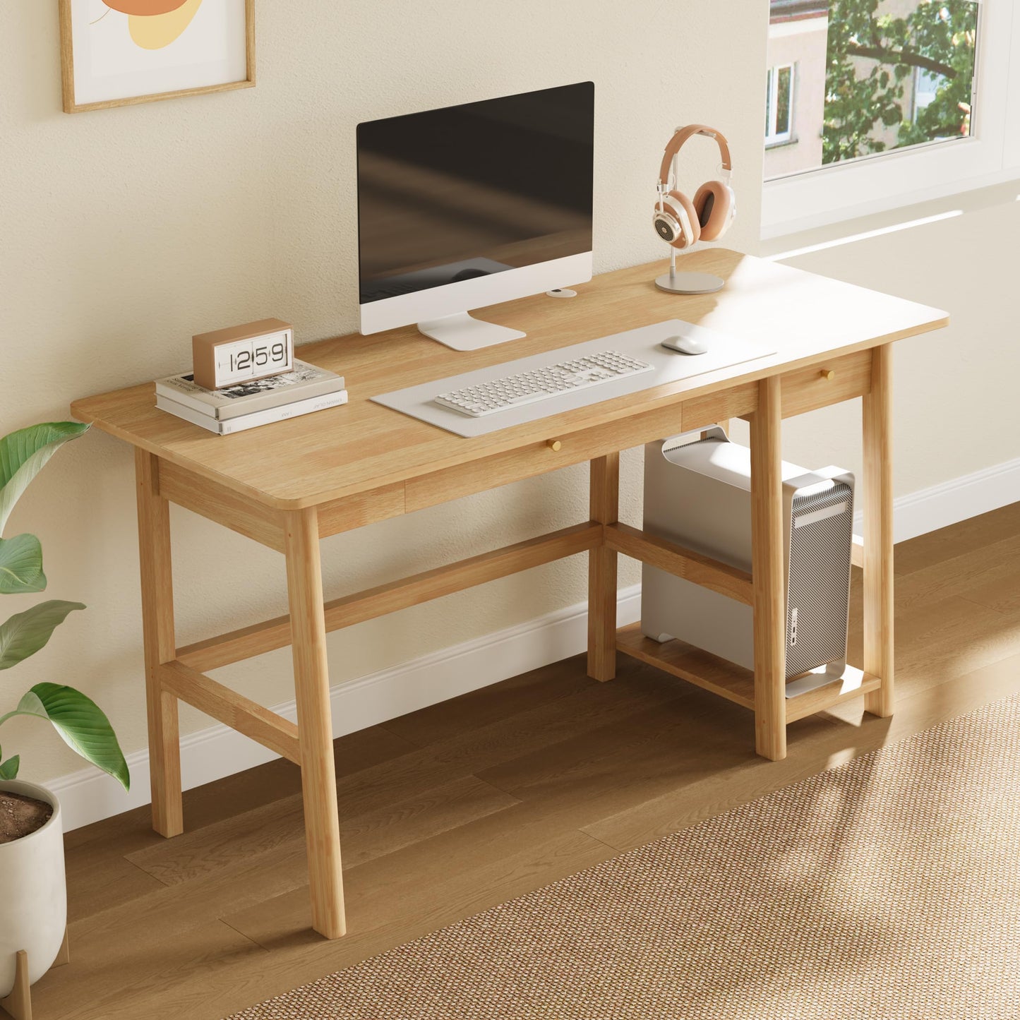 NELYE Solid Wood Desk with Drawer - 58 Inch Modern Writing and Computing Workstation for Home Office in Oak