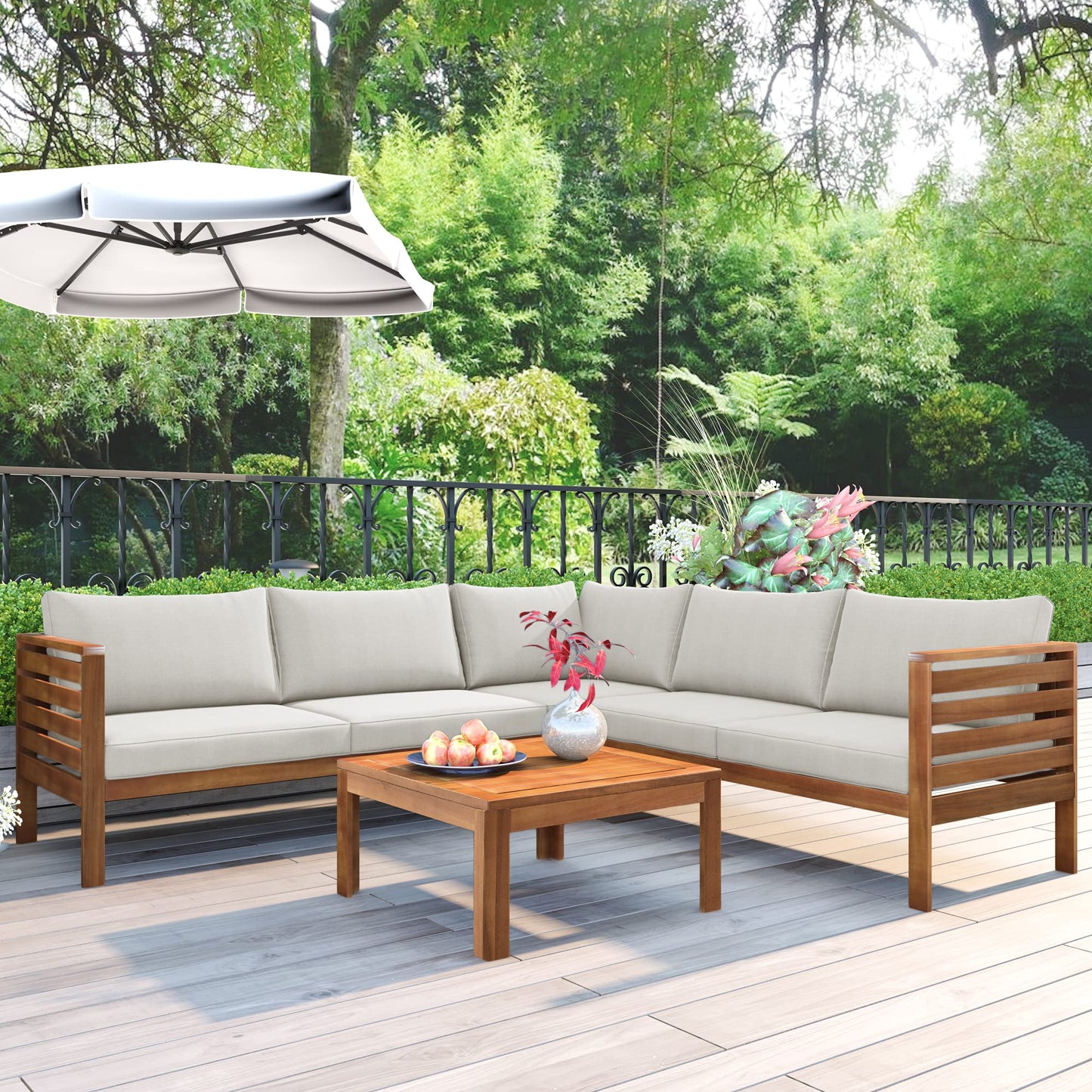 Merax Outdoor L Shaped Sofa with Coffee Table & Armrest & Beige Cushions, Strong Wood Structure Exotic Patio Furniture Set Water-Resistant, for Garden Balcony Poolside (Beige)