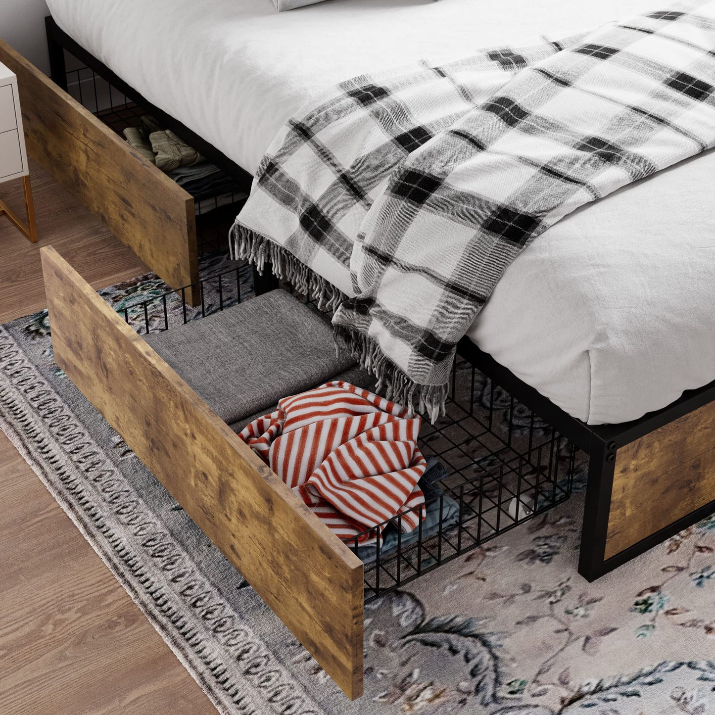 SHA CERLIN Full Size Bed Frame with Storage, 4 Extra Large Drawers on Wheels, Mattress Foundation, Strong Metal Slat Support, No Box Spring Needed, Easy Assembly