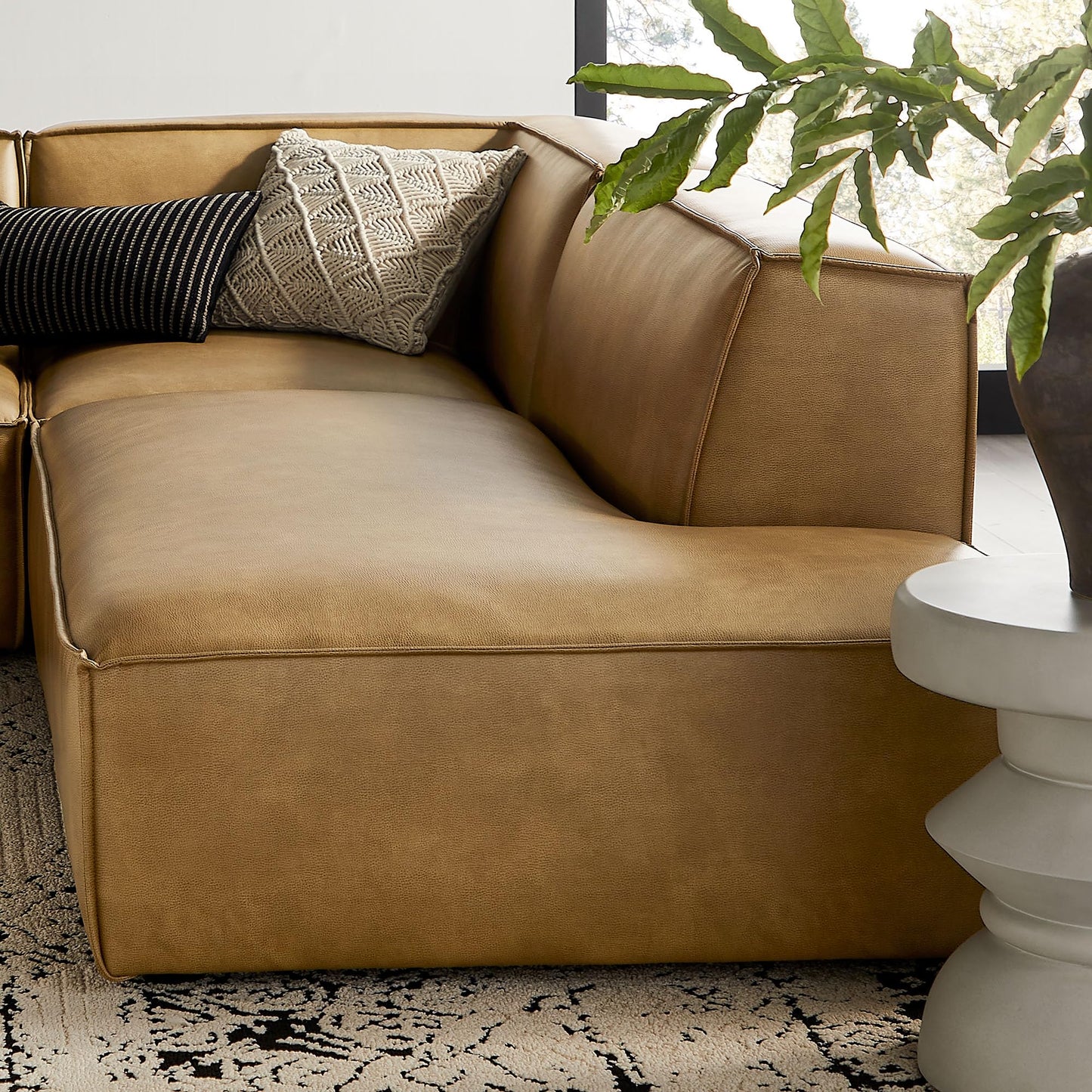 Modway Restore Faux Leather 4-Piece Modular L-Shaped Armless Sectional Sofa in Toast – Low Profile Vegan Leather Couch with Coil Seat Support and French Piping