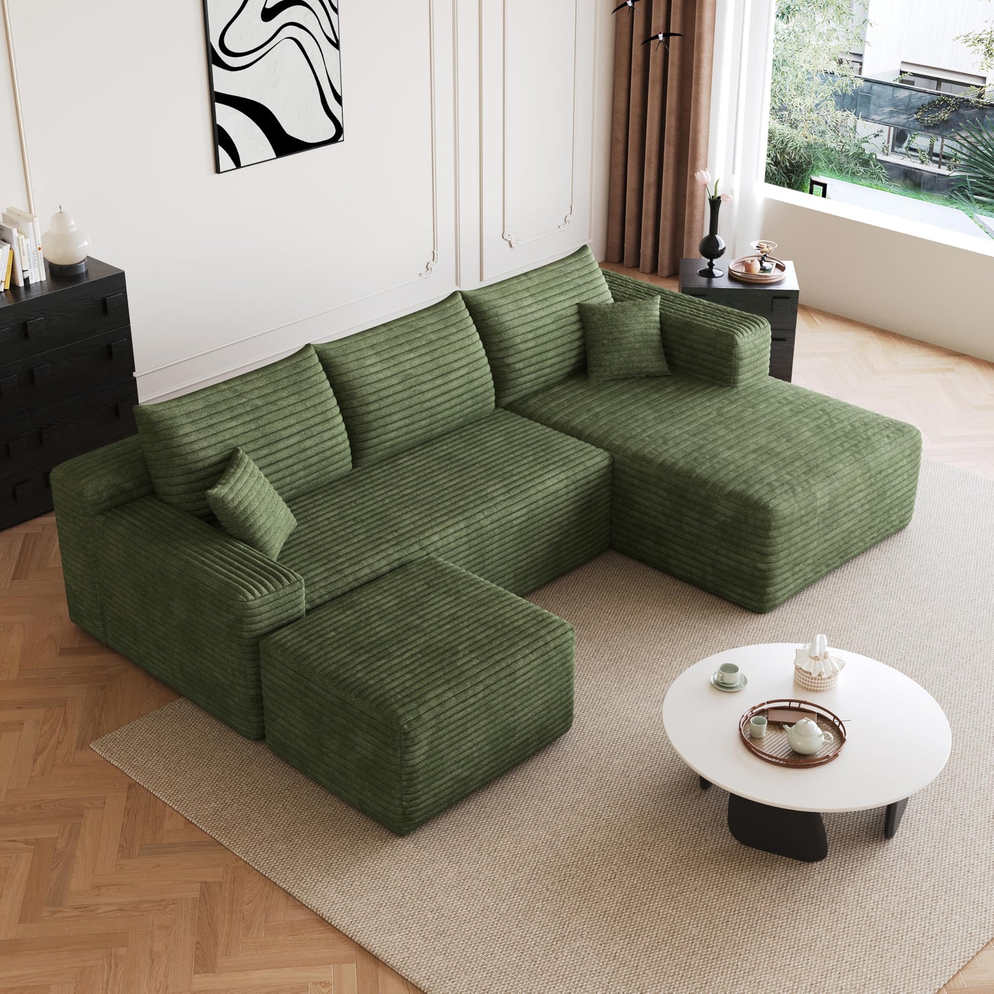 95" Cloud Boneless Sectional Sofa Couch with Chaise Lounge and Ottoman, Modern Corduroy Right Facing Modular Sectional Sofa Compressed Corner Couch with Deep Seat, No Assembly Required