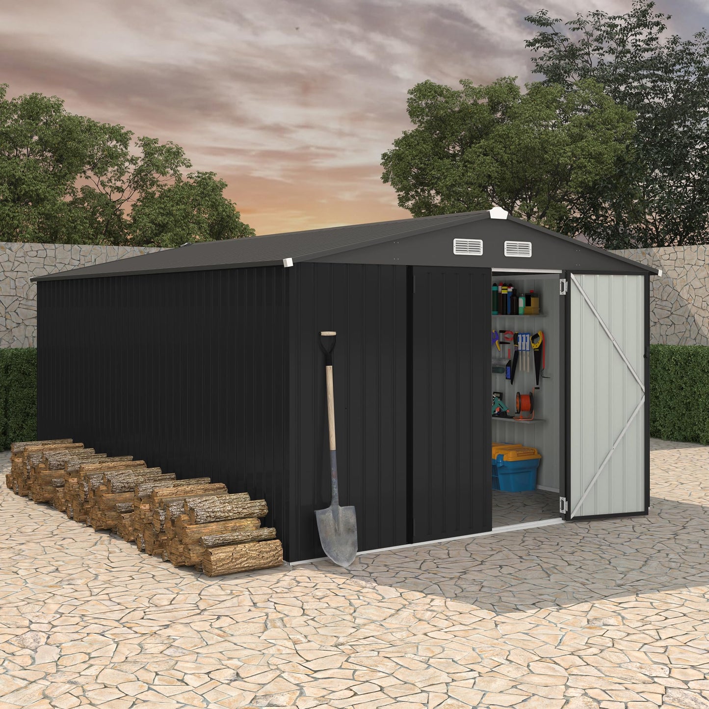 Metal Outdoor Storage Shed Kit, Lockable Door Utility Shed with Air Vent for Backyard Garden Patio Lawn