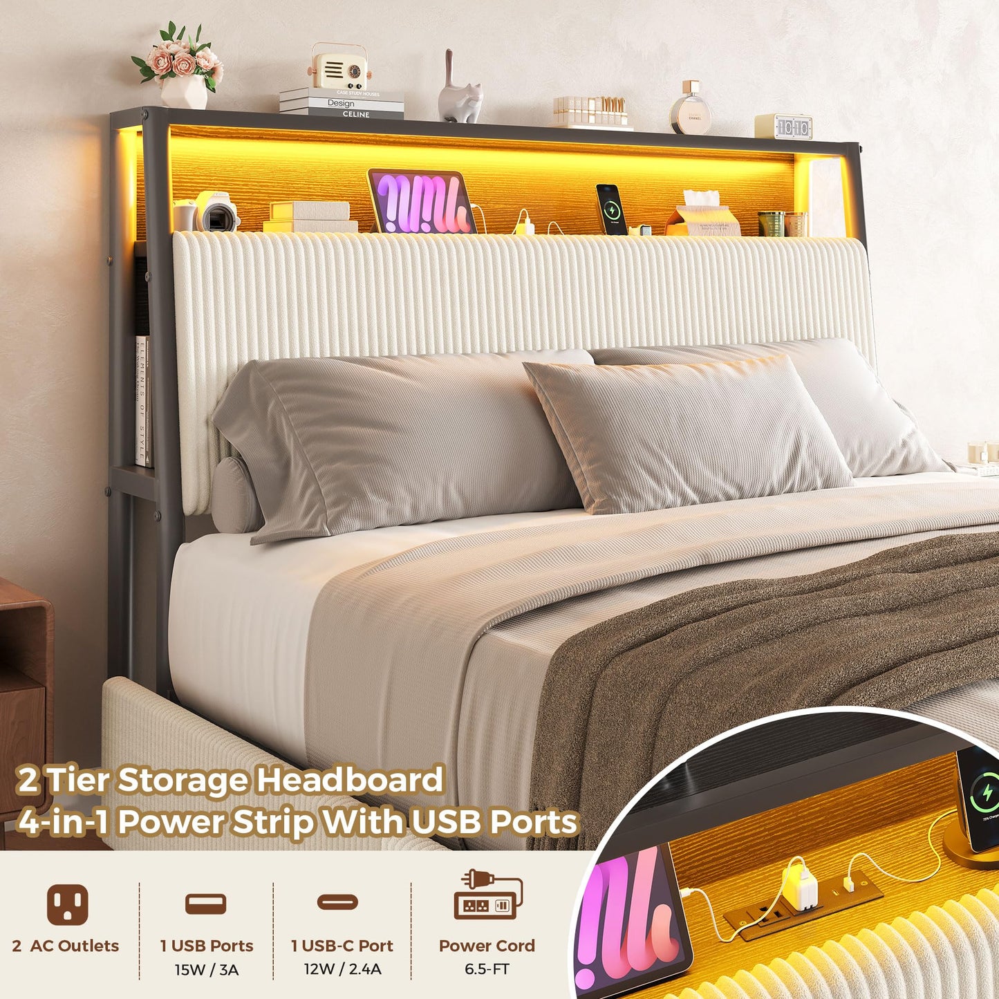 Upholstered Full LED Bed Frame with 2 Storage Drawers and Charging Station, Corduroy Platform Bed with 3-Tier Storage Bookcase Headboard, Heavy Duty Metal Support, No Box Spring Needed - Beige