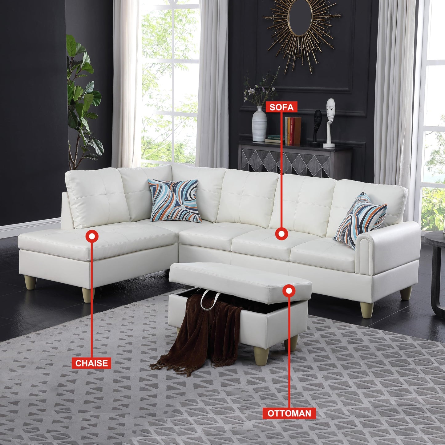 NicBex Couches for Living Room L Shaped Couch Upholstered Futon Sofa Comfy Faux Leather Modular Sofa 3-Piece Living Couch with Storage Ottoman for Apartments, Living Room and Office, White