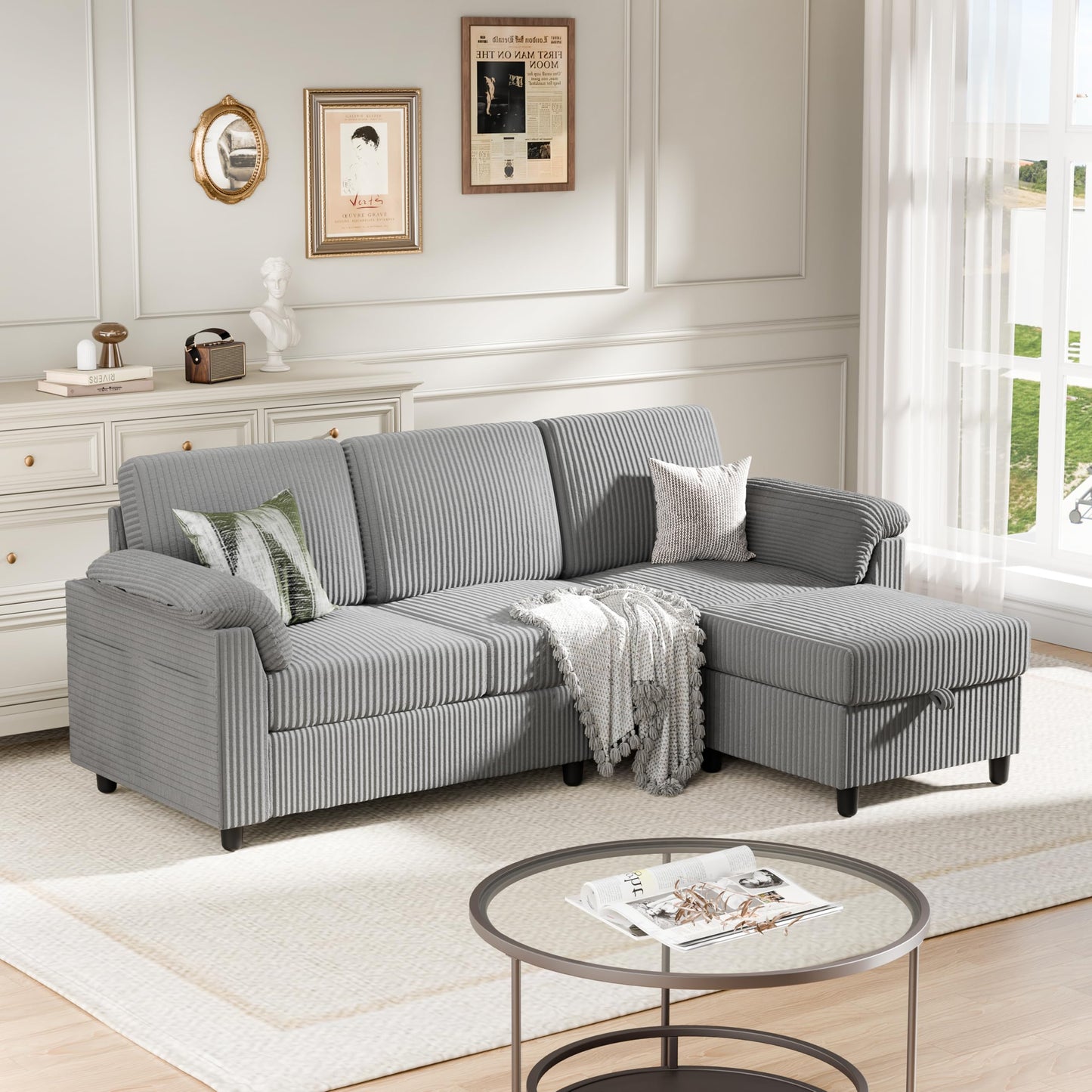 Meilocar Sectional Sofa Couch for Living Room, 79" Sectional Couches with Storage Ottoman, L Shaped Couch with Sloping Armrests, 3-Seat Sofa Couches for Small Space, Light Grey