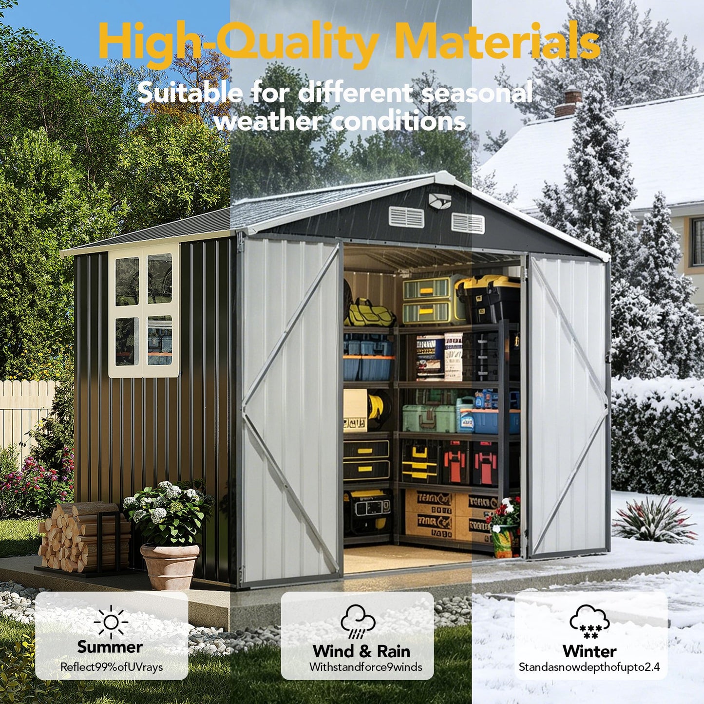 OneBlis 8x6FT Outdoor Storage Shed, Tool Shed with Sloping Roof and Lockable Door, Galvanized Metal Shed for Backyard Garden Patio Lawn, Black