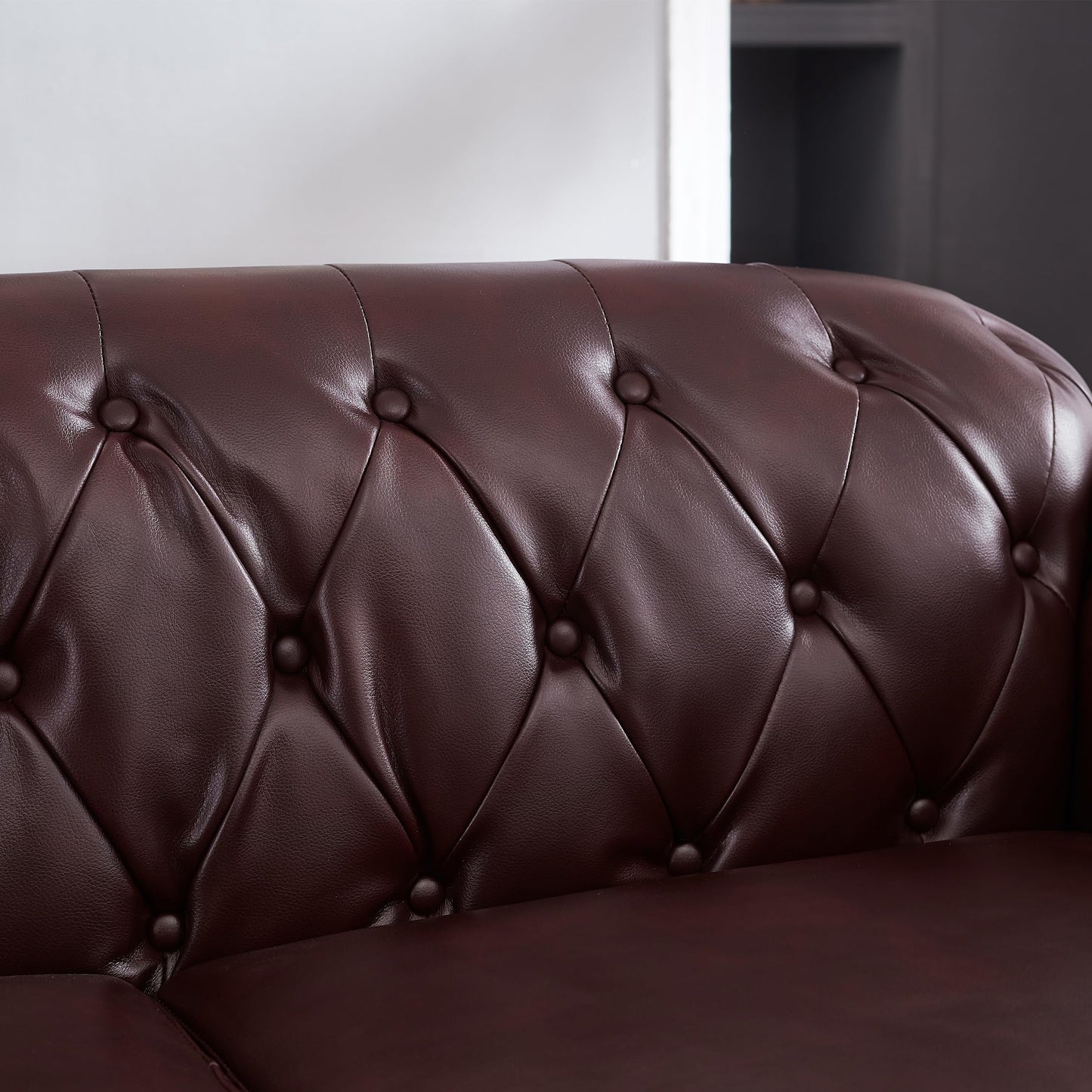 GDFStudio 86" Mid-Century Modern Chesterfield Sofa with Storage, 3 Seater Deep Seat Upholstered Faux Leather Couch with Tufted Back and Nailhead Trim, Rolled Arm Accent Sofa for Living Room, Burgundy