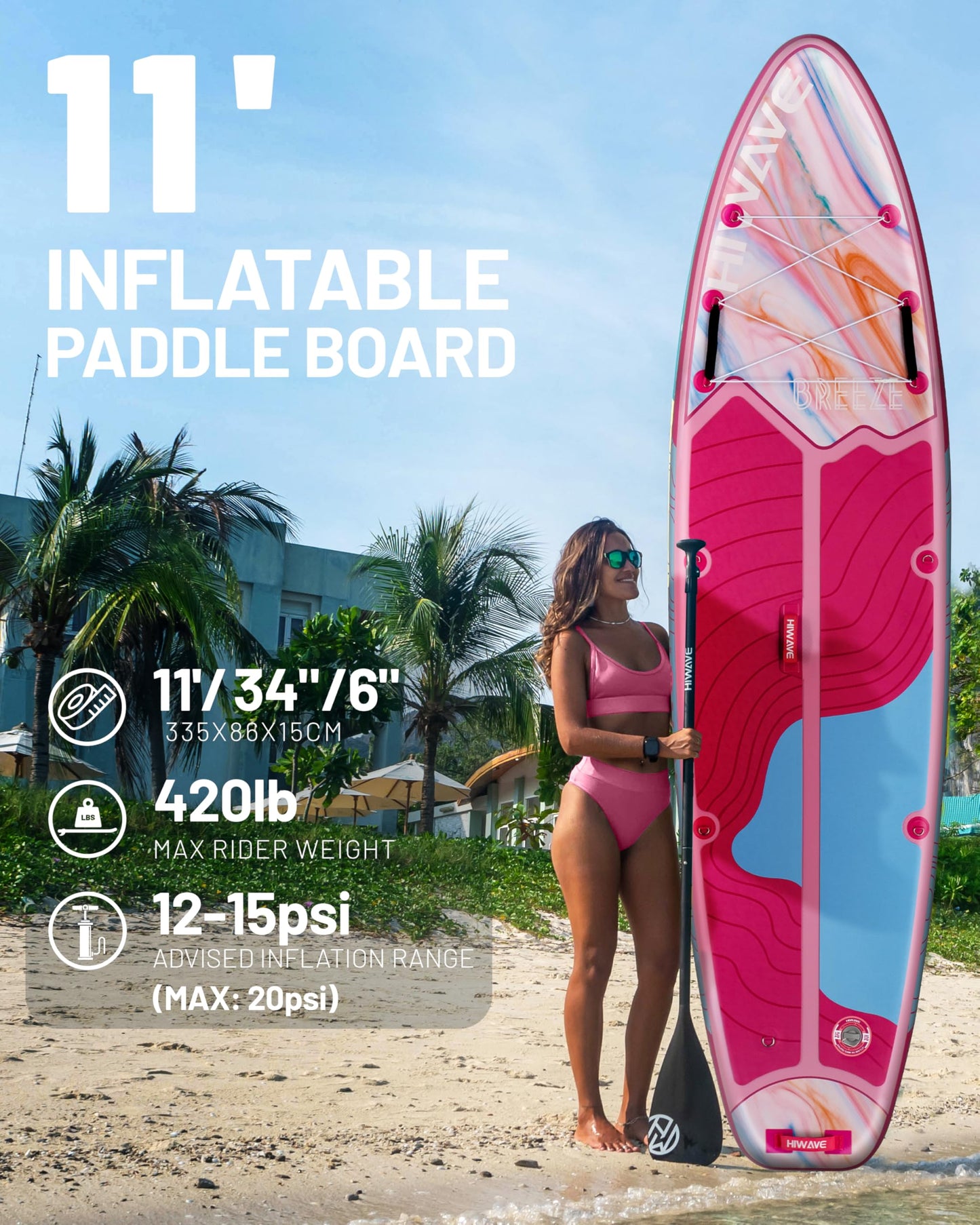 Hiwave Inflatable Stand Up Paddle Board 11’*34”*6” Sup Board, 420 lbs Capacity Adult&Youth Paddle Board, Pet Friendly for Ocean&Lake, w/Double Action Hand Pump Pink