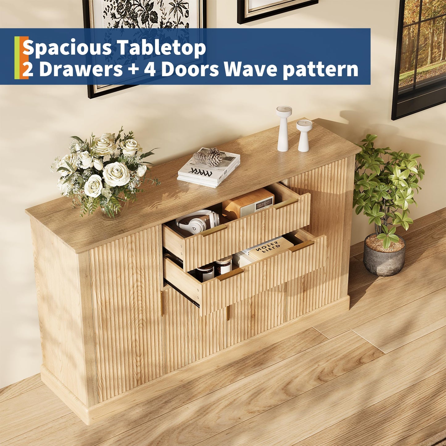 GarveeHome 58" Fluted Buffet Cabinet Sideboard with Storage, Farmhouse Coffee Bar Cabinet Console Table with Gold Handles & 4 Doors & 2 Drawers, Adjustable Shelf for Dining Room, Living Room Credenza