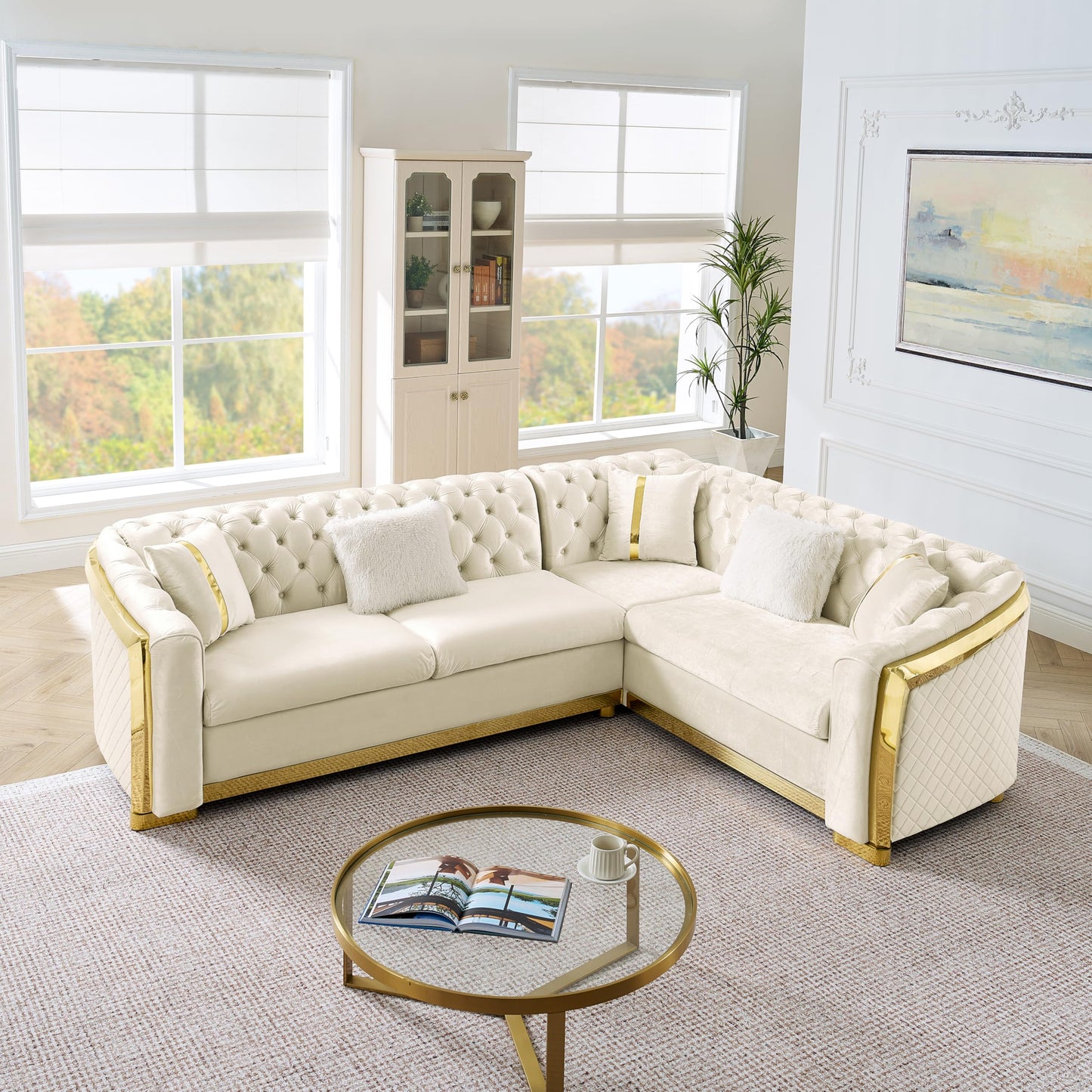 KEIKI 106" L-Shaped Luxury Velvet Chesterfield Sectional Sofa with Gold Stainless Steel Accents and 5 Pillows, Mid-Century Oversized 5-Seater Button Tufted Couch, Easy Assembly, for Living Room, Beige
