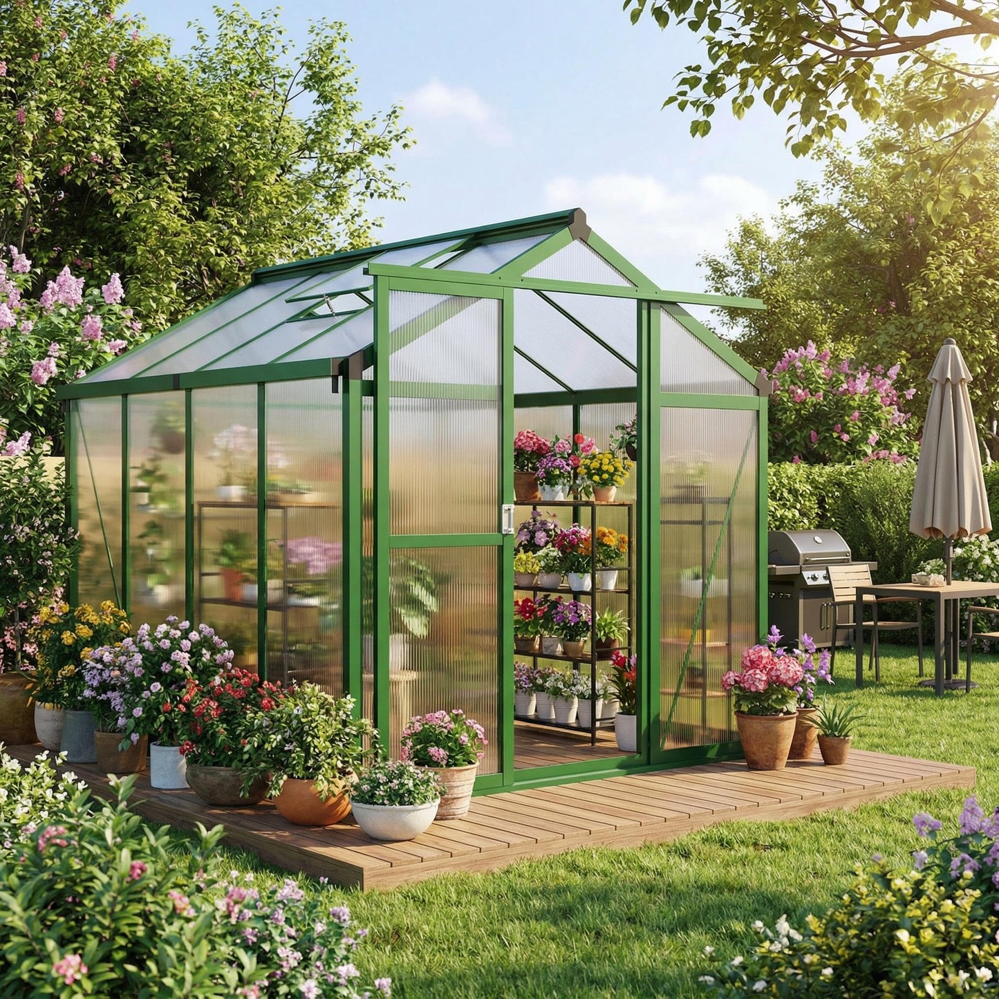6x8 FT Greenhouse, Polycarbonate Walk-in Greenhouse for Outdoors with Roof Vent & Lockable Smooth-Gliding Sliding Door, Heavy-Duty Aluminum Green House for Garden, Backyard, Patio, Lawn, Deep Green